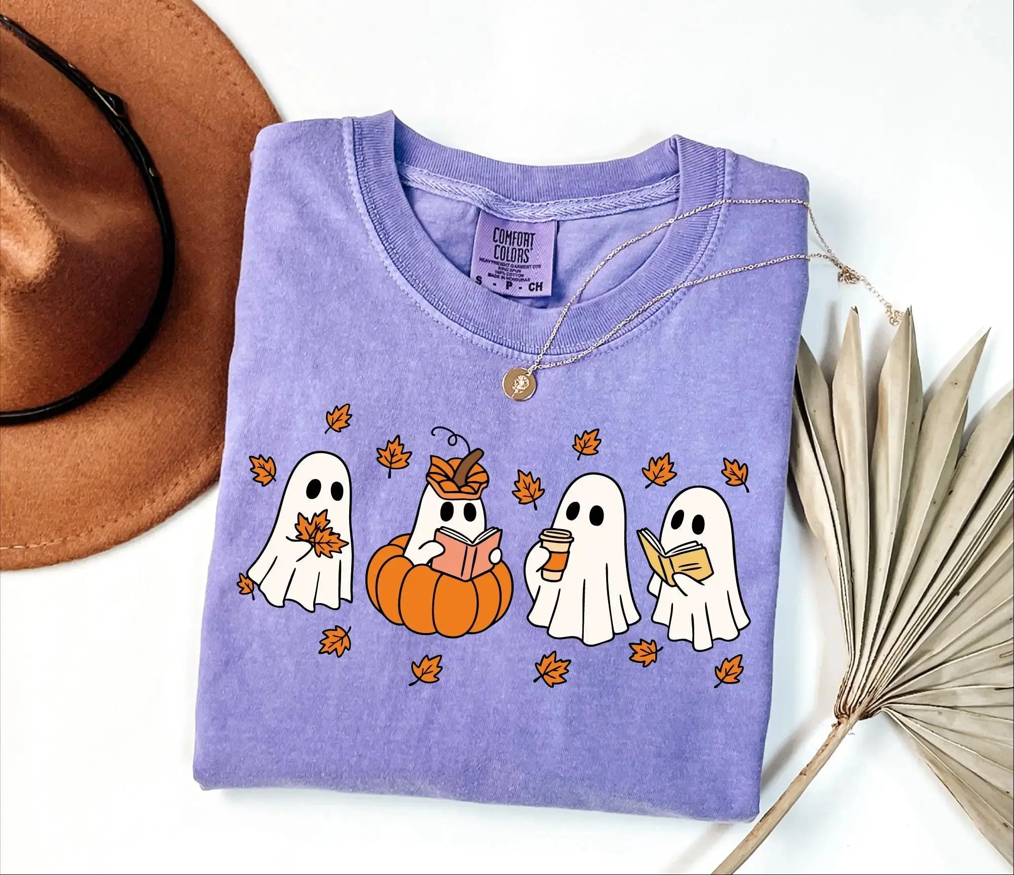 Comfort Colors Pumpkin Ghosts Reading Book Shirt, Halloween Lover Tee for Women, Spooky Season Fall Graphic Top