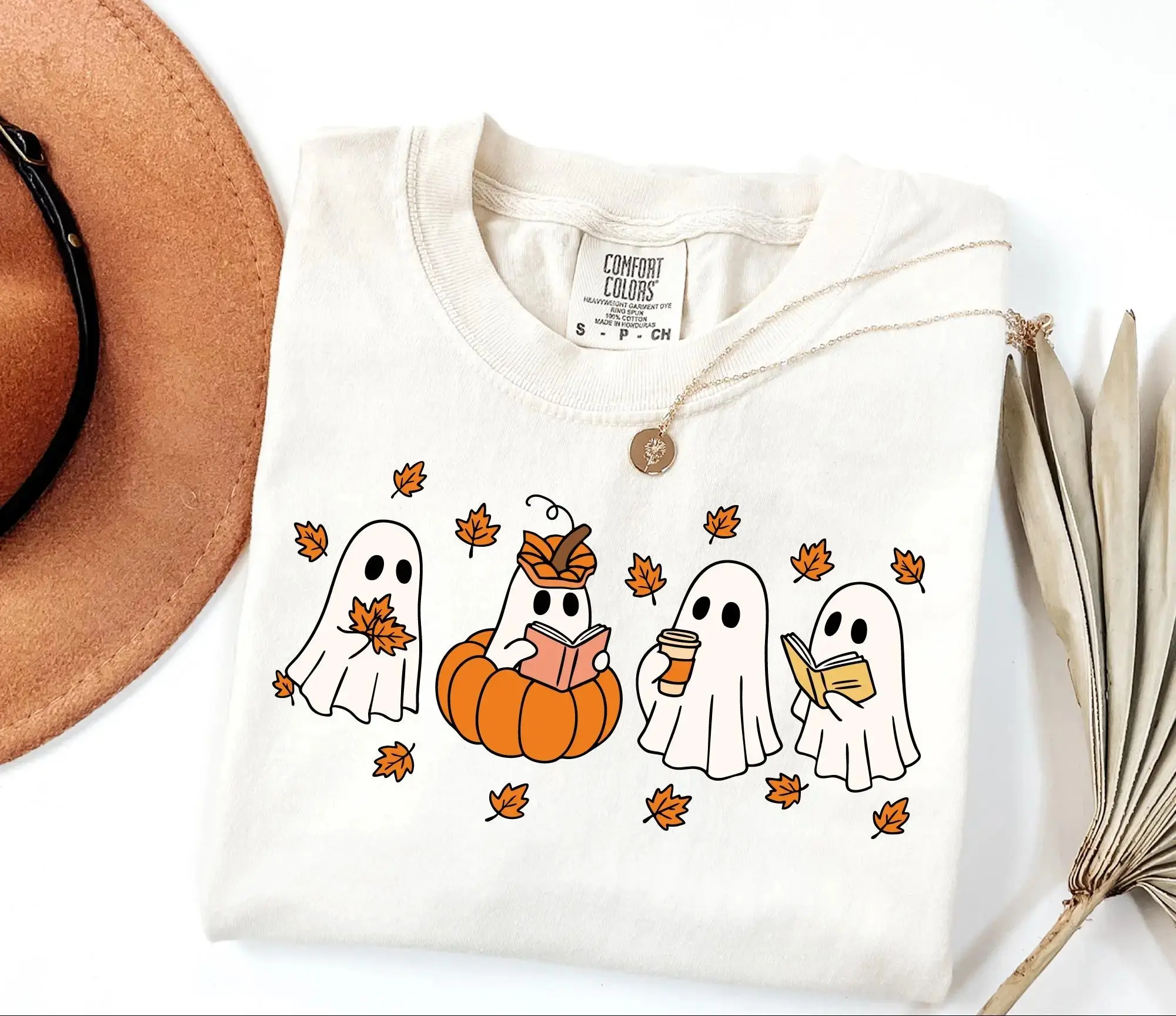 Comfort Colors Pumpkin Ghosts Reading Book Shirt, Halloween Lover Tee for Women, Spooky Season Fall Graphic Top - photo 2