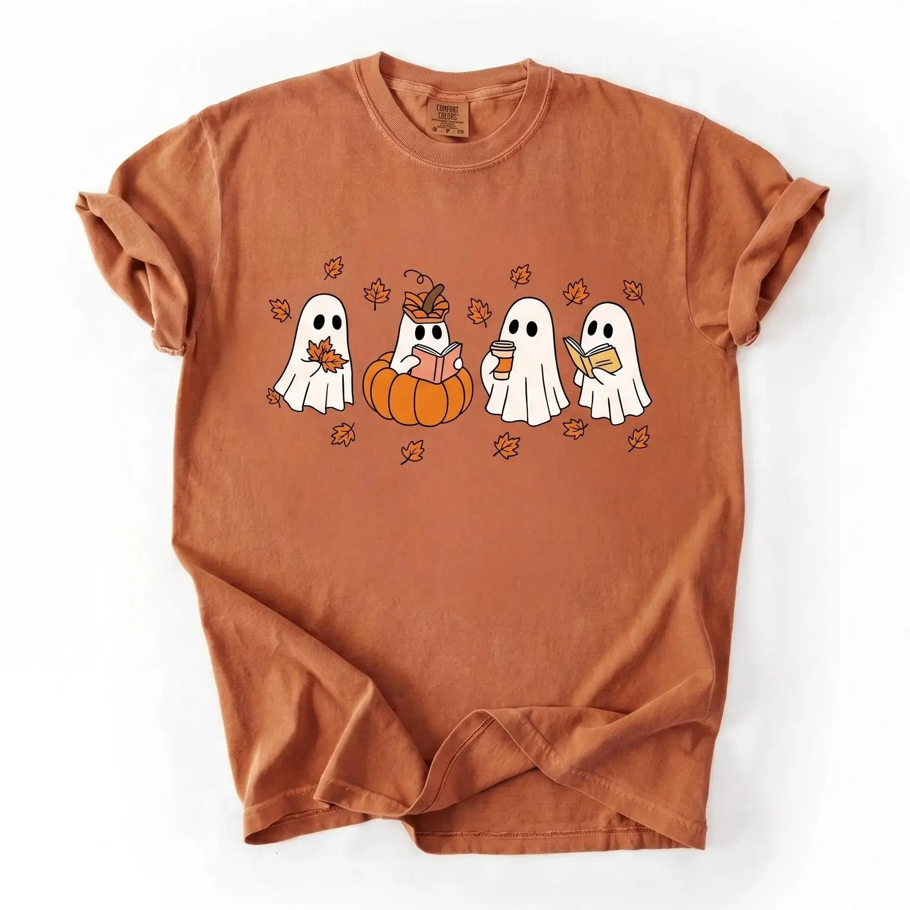 Comfort Colors Pumpkin Ghosts Reading Book Shirt, Halloween Lover Tee for Women, Spooky Season Fall Graphic Top - photo 3