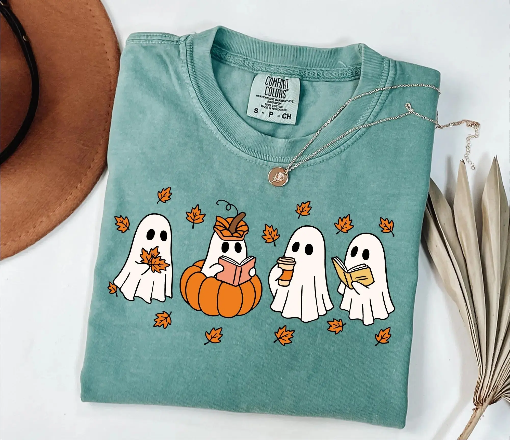 Comfort Colors Pumpkin Ghosts Reading Book Shirt, Halloween Lover Tee for Women, Spooky Season Fall Graphic Top - photo 4