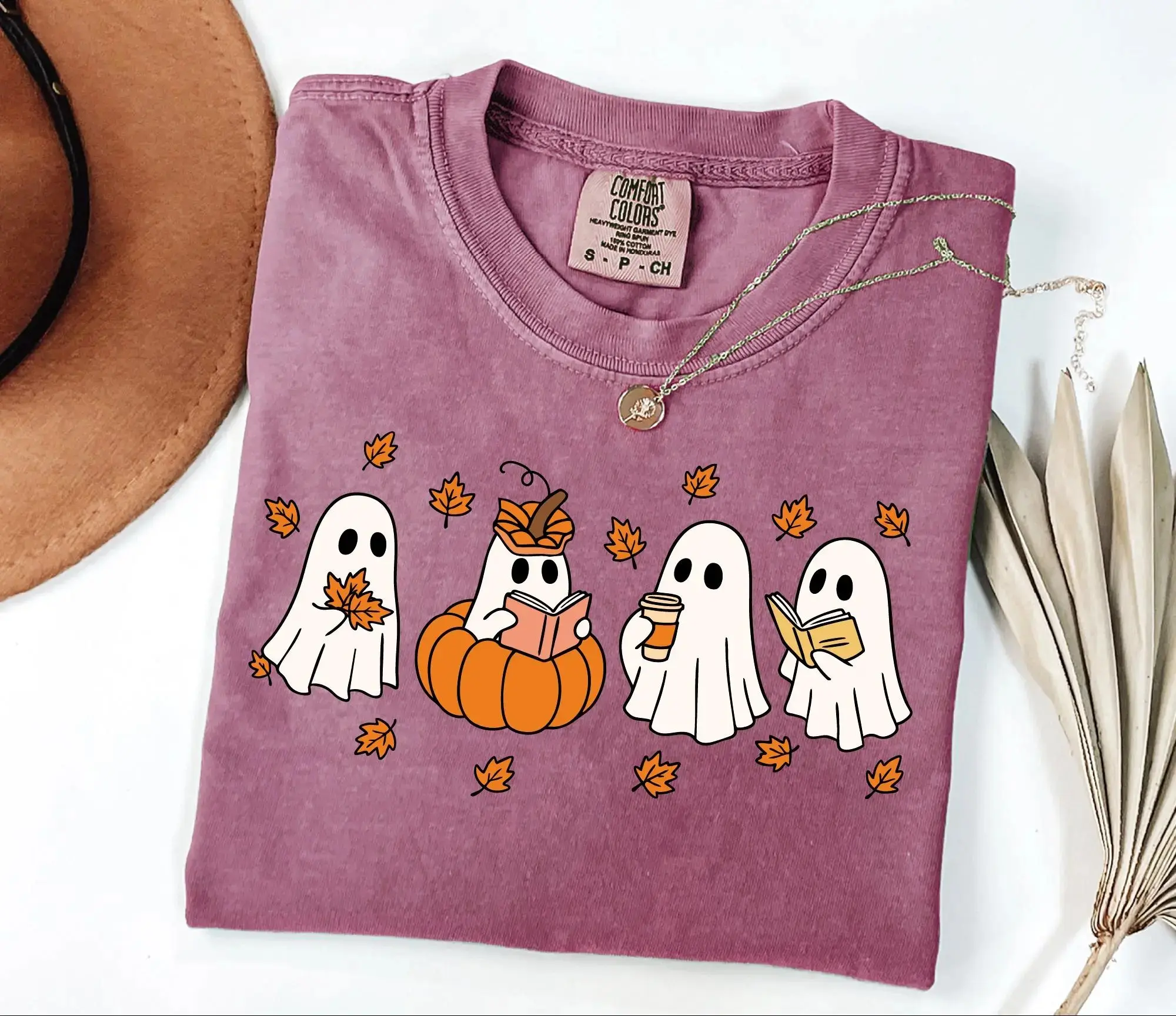 Comfort Colors Pumpkin Ghosts Reading Book Shirt, Halloween Lover Tee for Women, Spooky Season Fall Graphic Top - photo 5