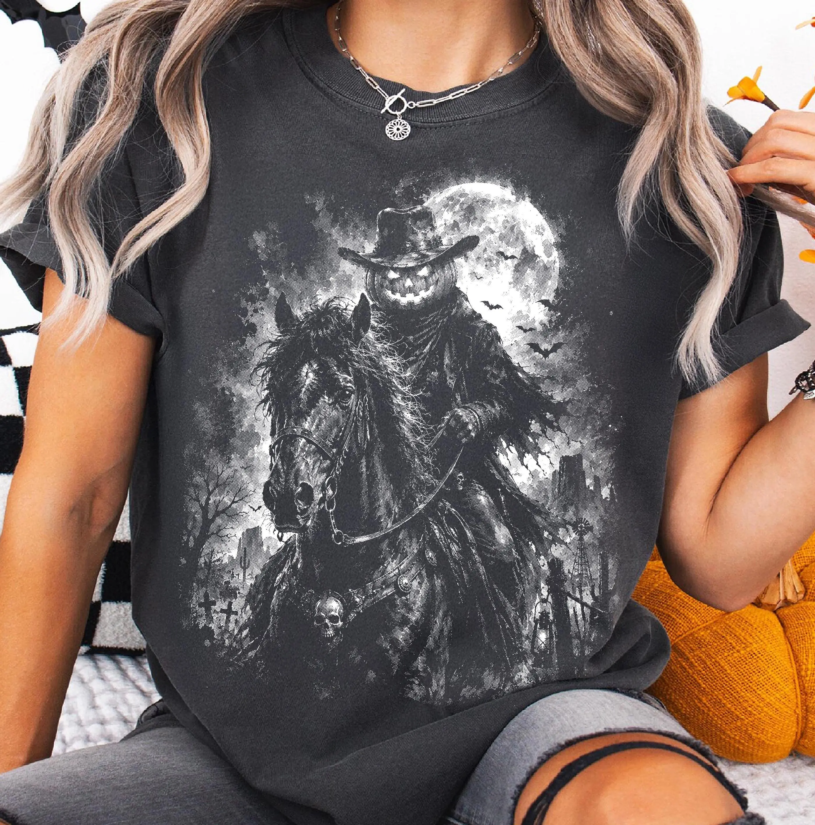 Comfort Colors Pumpkin Head Horseman Shirt, Halloween Western Halftone Jack O Lantern Rider Retro Tee