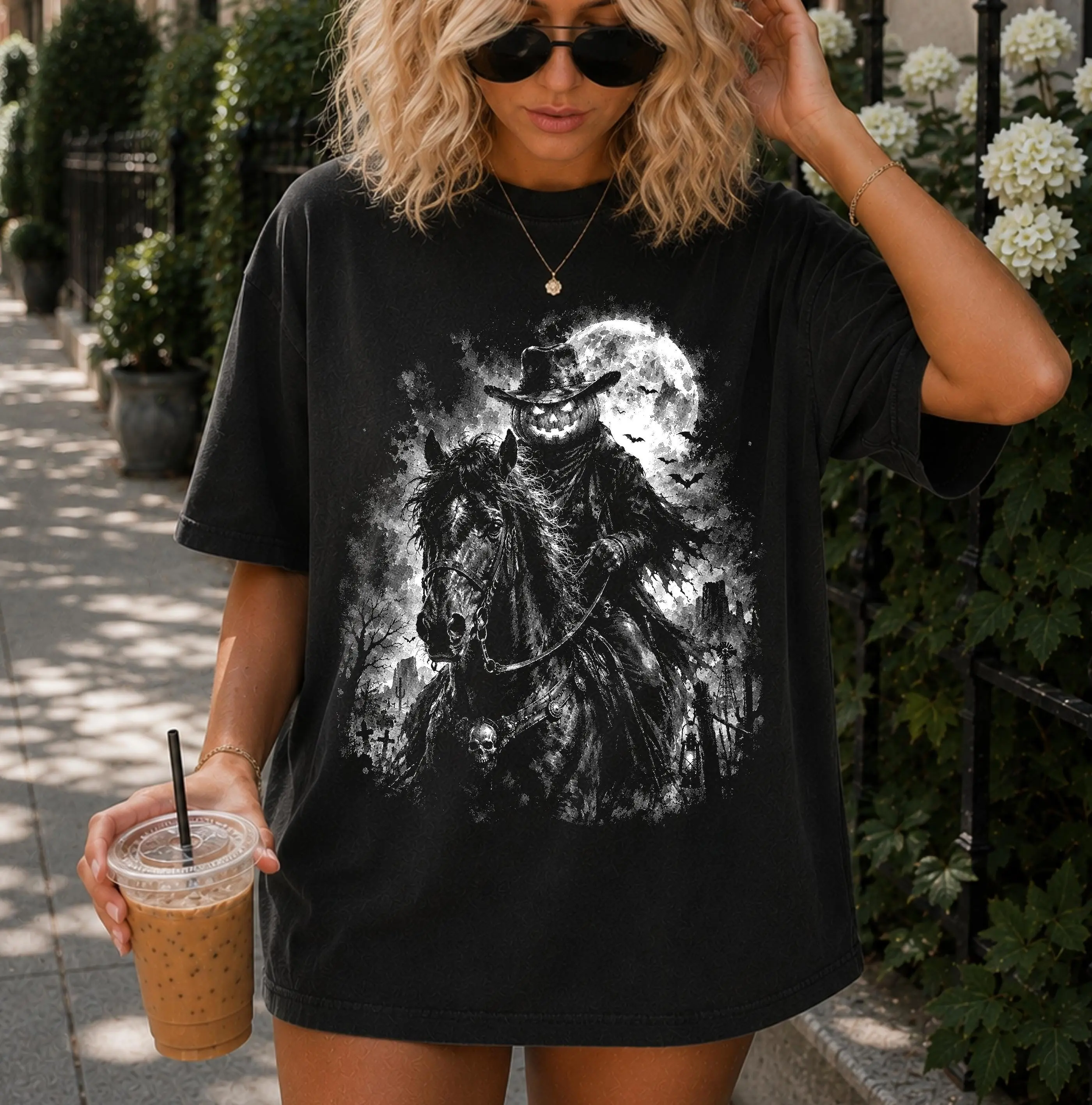 Comfort Colors Pumpkin Head Horseman Shirt, Halloween Western Halftone Jack O Lantern Rider Retro Tee - photo 3