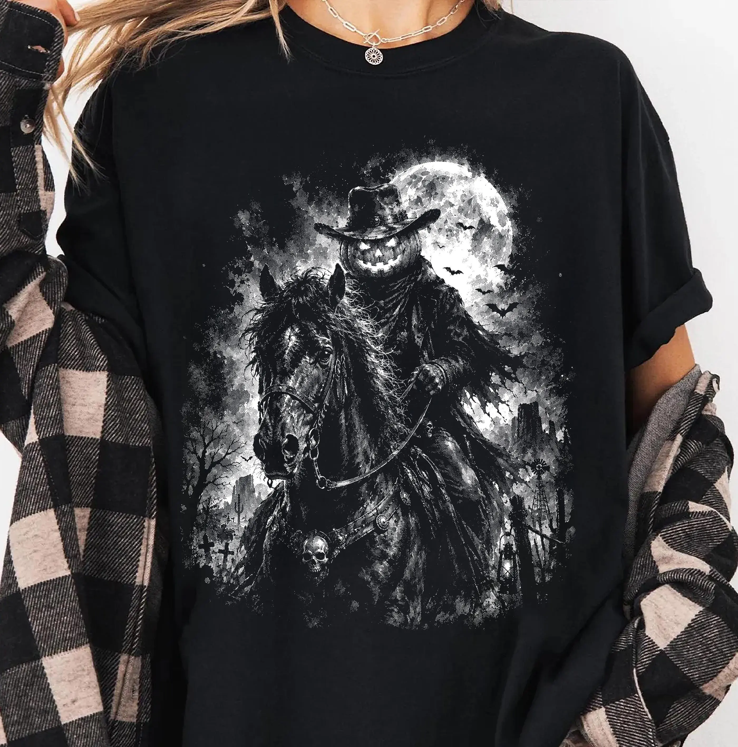 Comfort Colors Pumpkin Head Horseman Shirt, Halloween Western Halftone Jack O Lantern Rider Retro Tee - photo 4