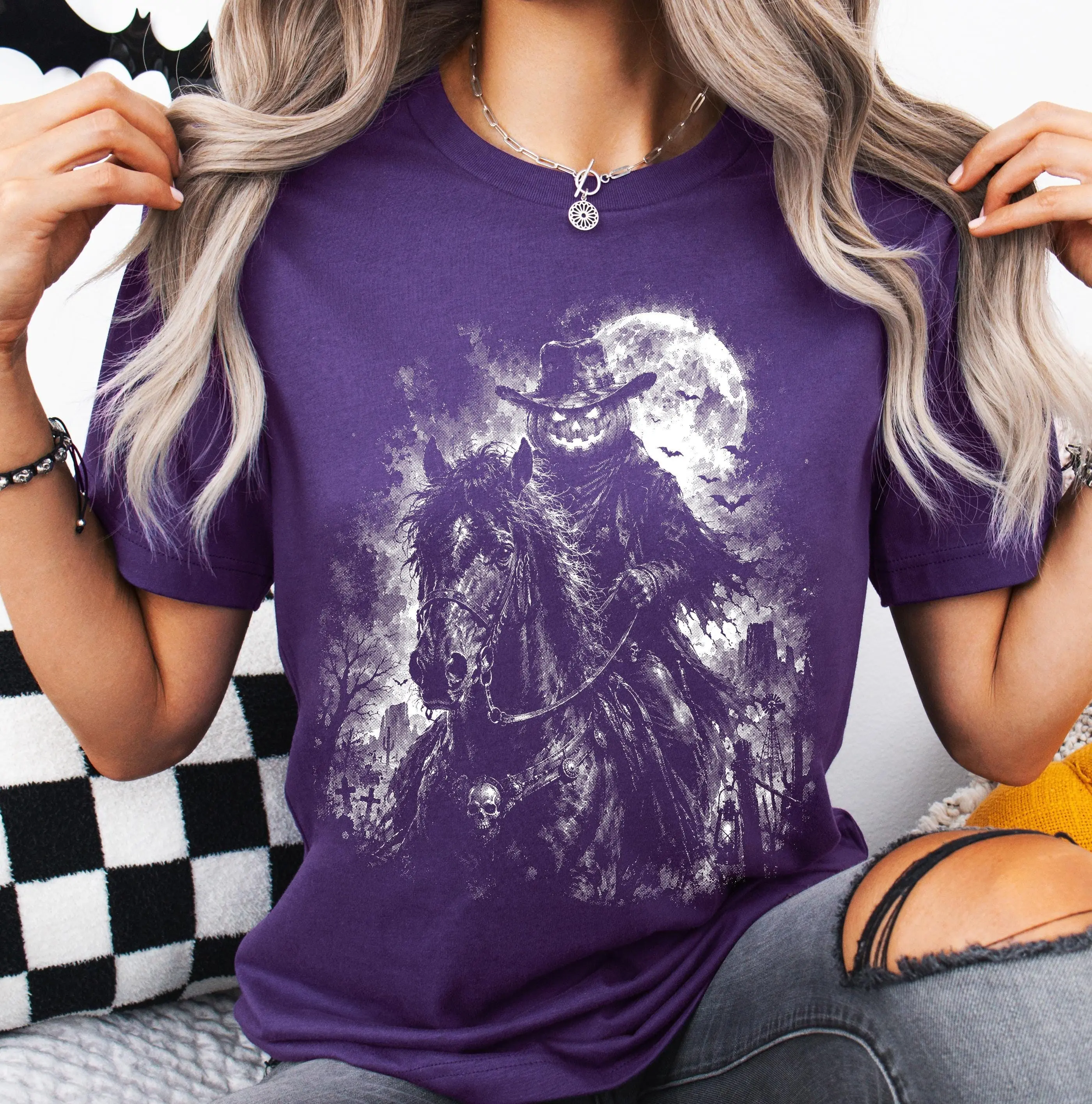 Comfort Colors Pumpkin Head Horseman Shirt, Halloween Western Halftone Jack O Lantern Rider Retro Tee - photo 5