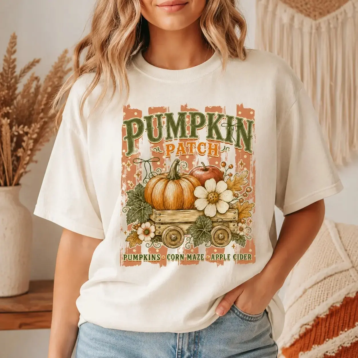 Comfort Colors Pumpkin Patch Harvest Wagon Shirt for Women, Vintage Fall Autumn Short Sleeve Tee, Nature Lover Thanksgiving Gift
