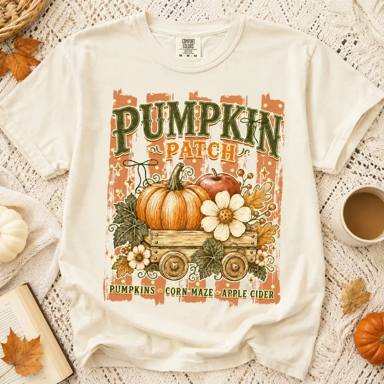 Comfort Colors Pumpkin Patch Harvest Wagon Shirt for Women, Vintage Fall Autumn Short Sleeve Tee, Nature Lover Thanksgiving Gift - photo 2