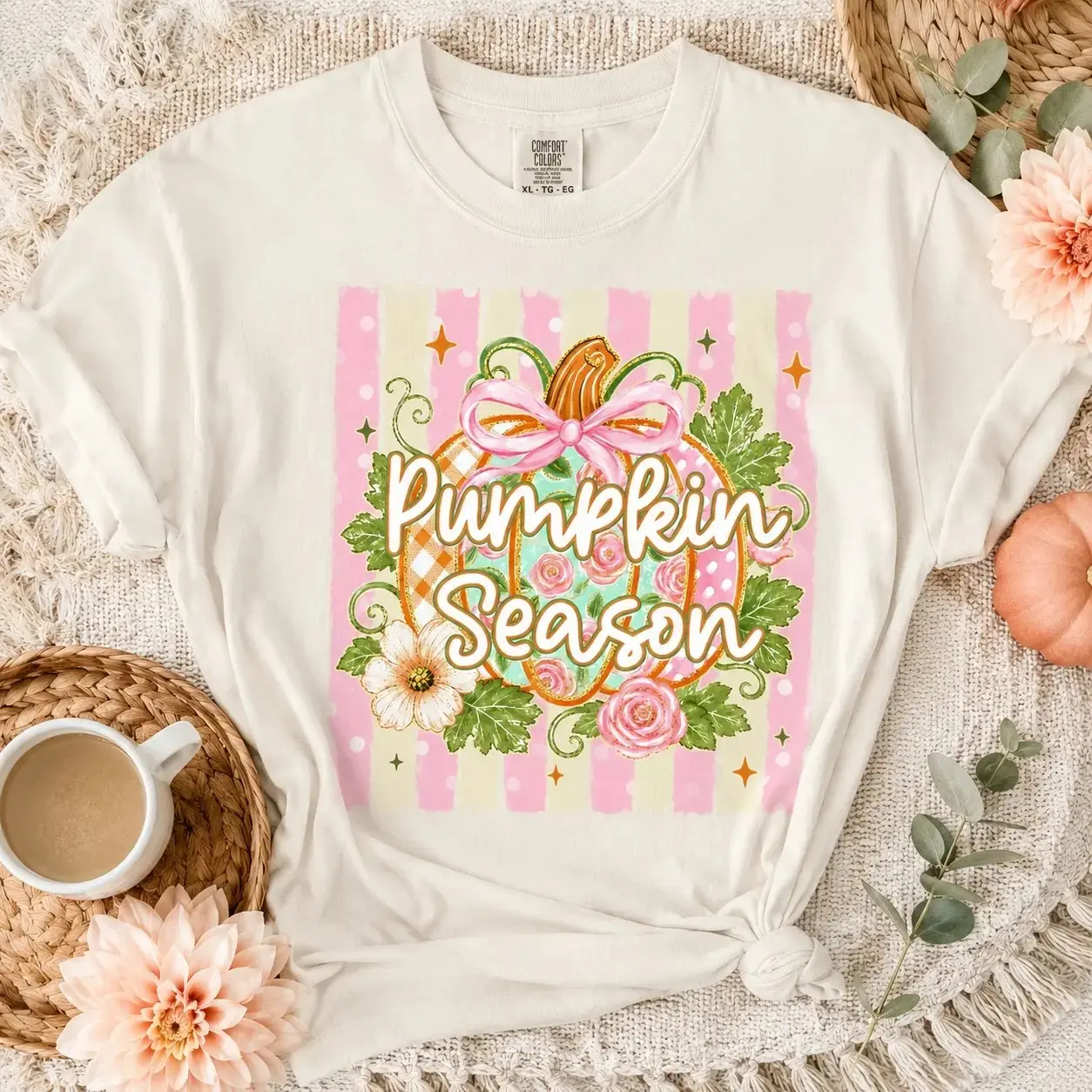 Comfort Colors Pumpkin Season Floral Ribbon Shirt for Women, Pastel Cottagecore Autumn Thanksgiving Tee