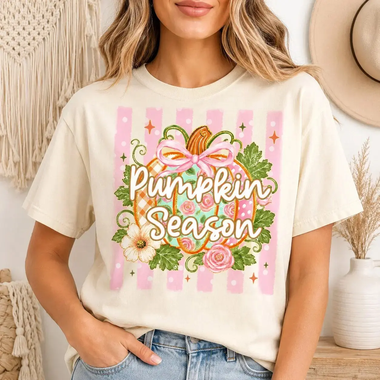 Comfort Colors Pumpkin Season Floral Ribbon Shirt for Women, Pastel Cottagecore Autumn Thanksgiving Tee - photo 2