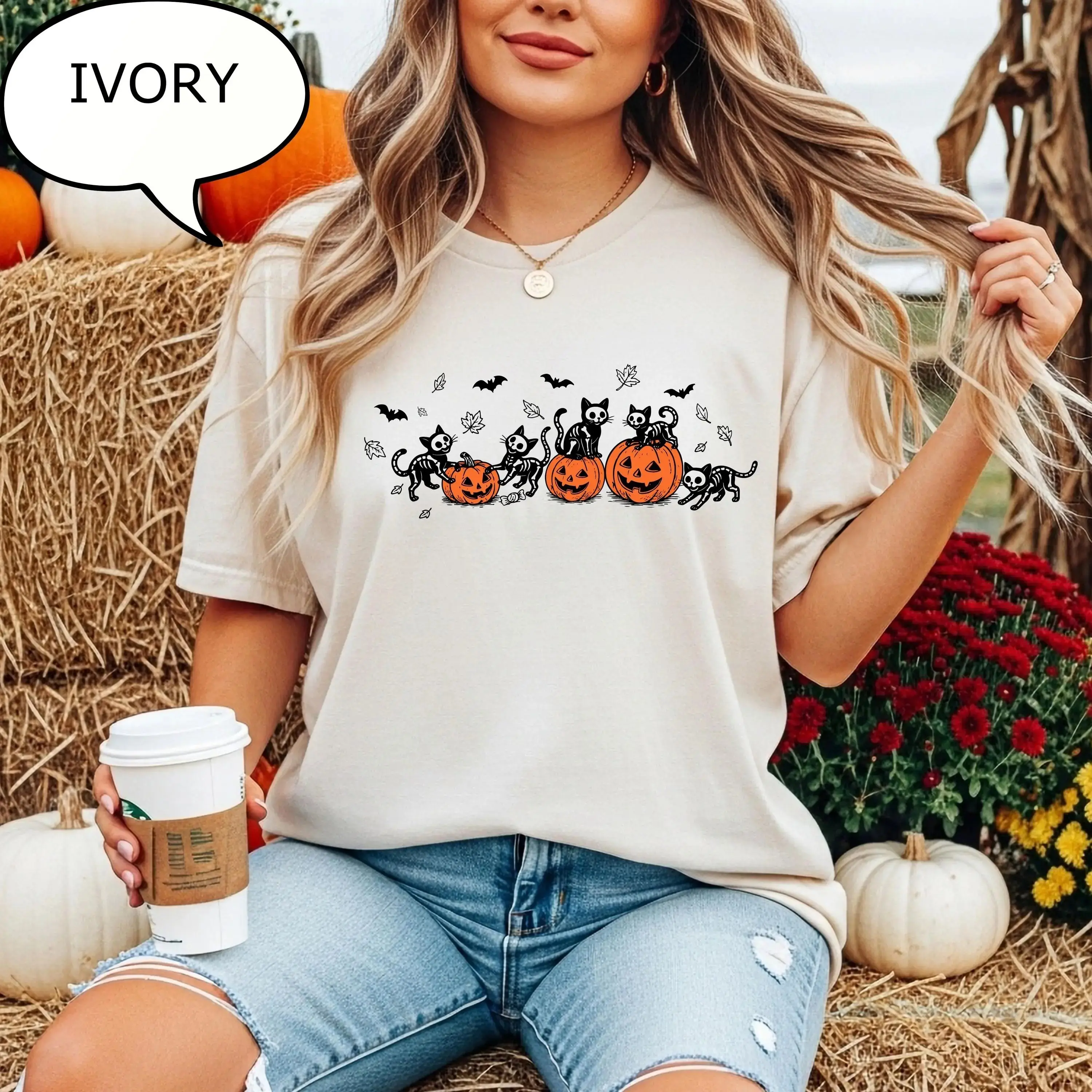 Comfort Colors Pumpkin Patch Season Shirt, Skeleton Cat Lover Halloween Spooky Vintage Fall Graphic Tee - photo 2