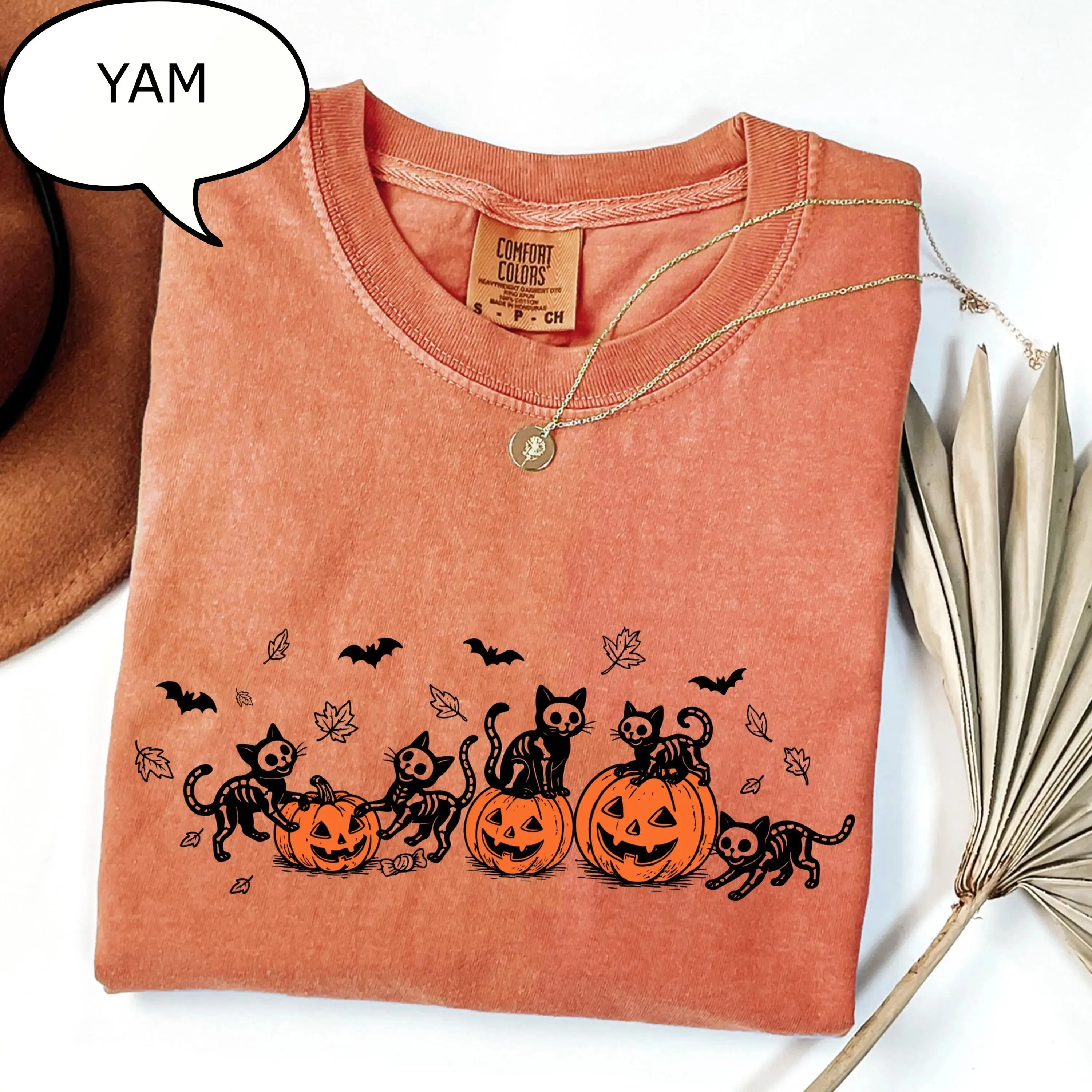 Comfort Colors Pumpkin Patch Season Shirt, Skeleton Cat Lover Halloween Spooky Vintage Fall Graphic Tee - photo 3