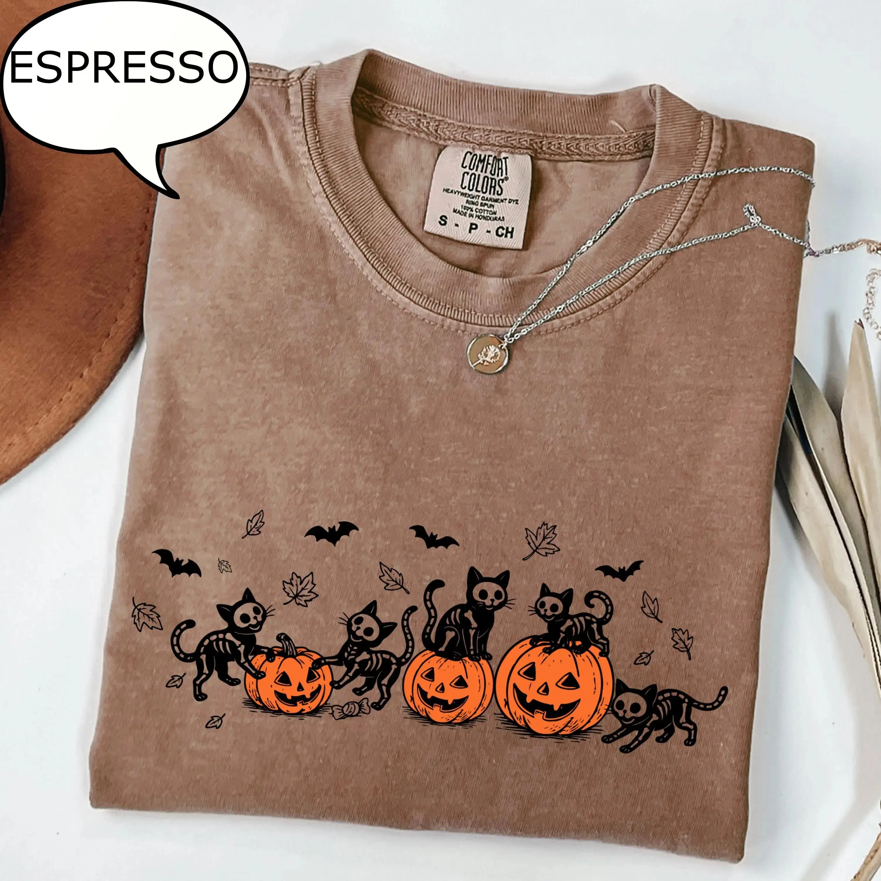 Comfort Colors Pumpkin Patch Season Shirt, Skeleton Cat Lover Halloween Spooky Vintage Fall Graphic Tee - photo 4