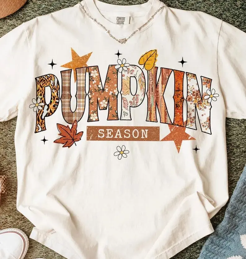 Comfort Colors Pumpkin Season Shirt for Women, Retro Halloween Preppy Bow Tee, Trendy Fall Spooky Graphic Top