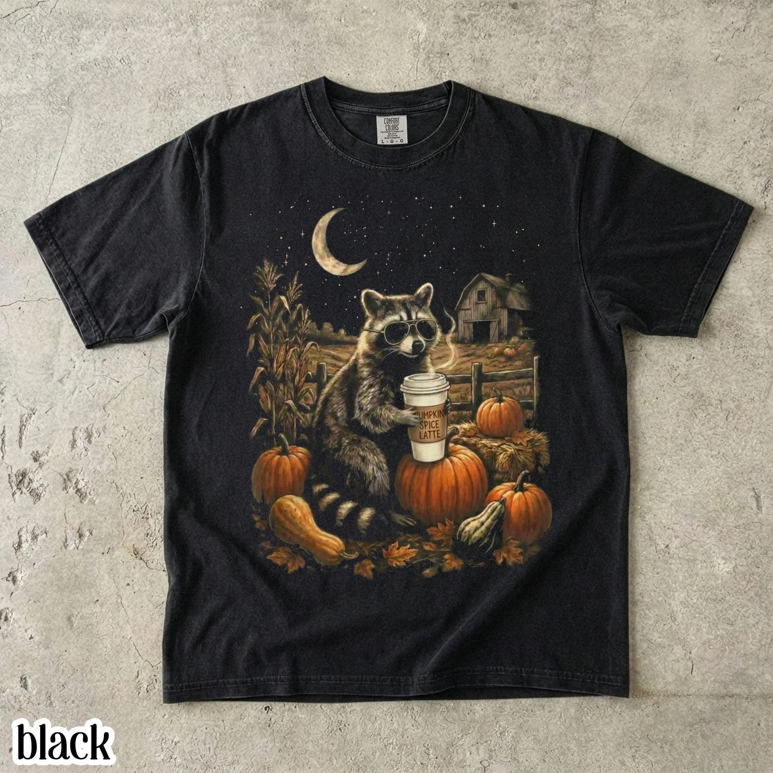 Comfort Colors Pumpkin Shirt, Halloween Raccoon I Live Here Now Tee, Vintage Autumn Spooky Season Spice Latte Coffee