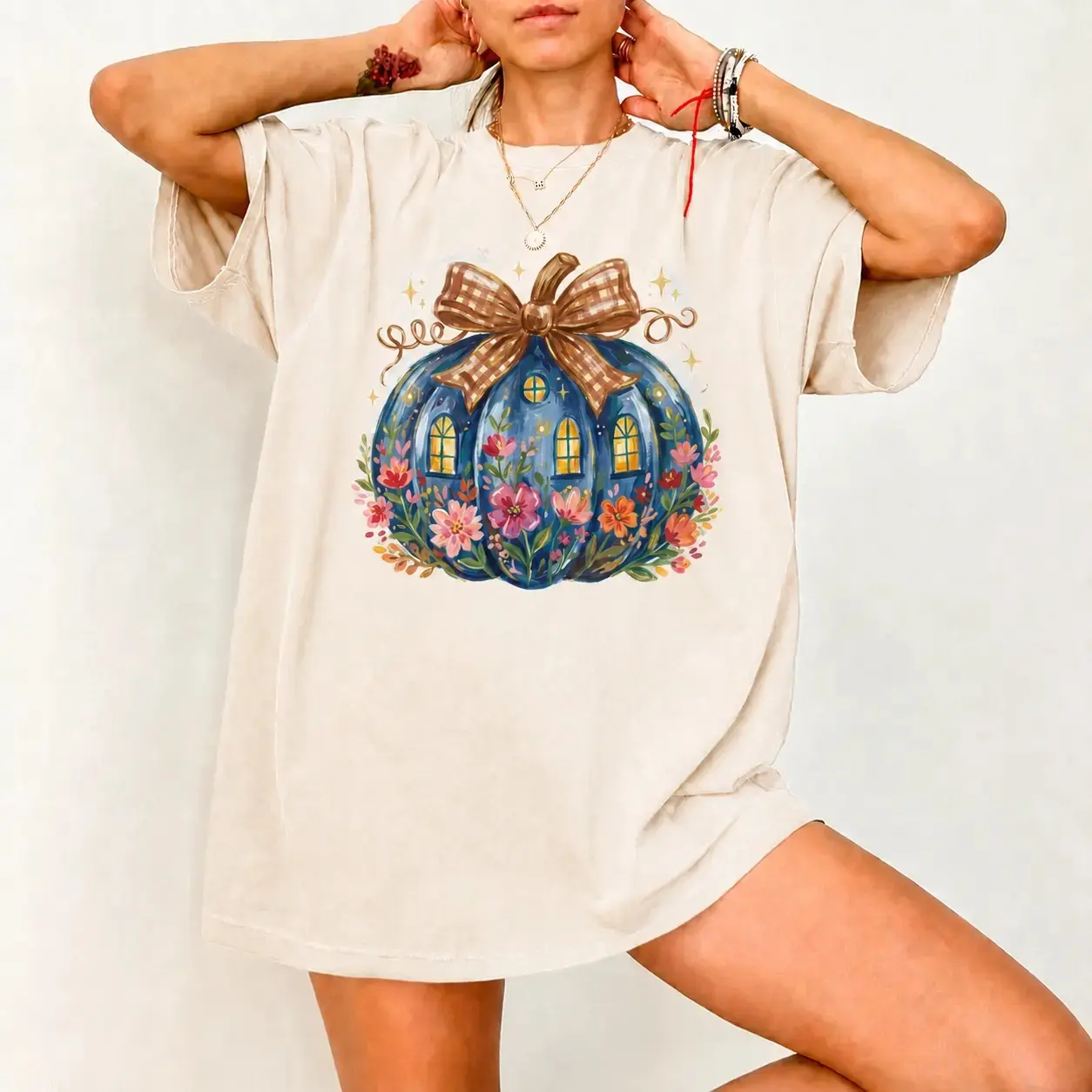 Comfort Colors Pumpkin Shirt, Halloween Spooky Season Vintage Autumn Tee, Blue Floral Cottagecore Flower Bow Fall Womens