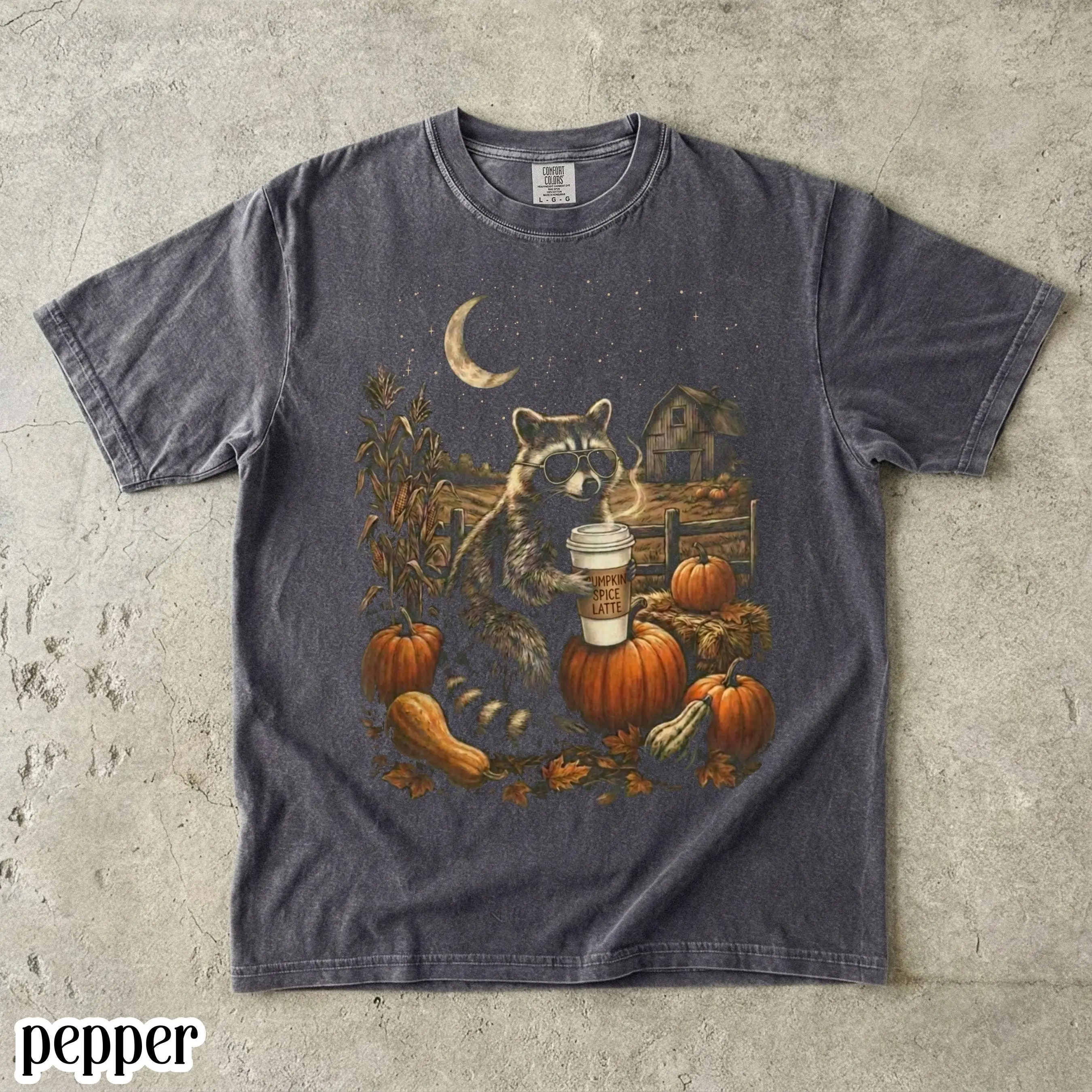 Comfort Colors Pumpkin Shirt, Halloween Raccoon I Live Here Now Tee, Vintage Autumn Spooky Season Spice Latte Coffee - photo 2