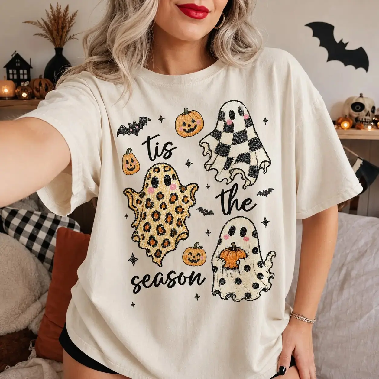 Comfort Colors Pumpkin Head Skeleton Shirt, Dancing Vintage Halloween Cute Spooky Fall Graphic Tee Gift - photo 2