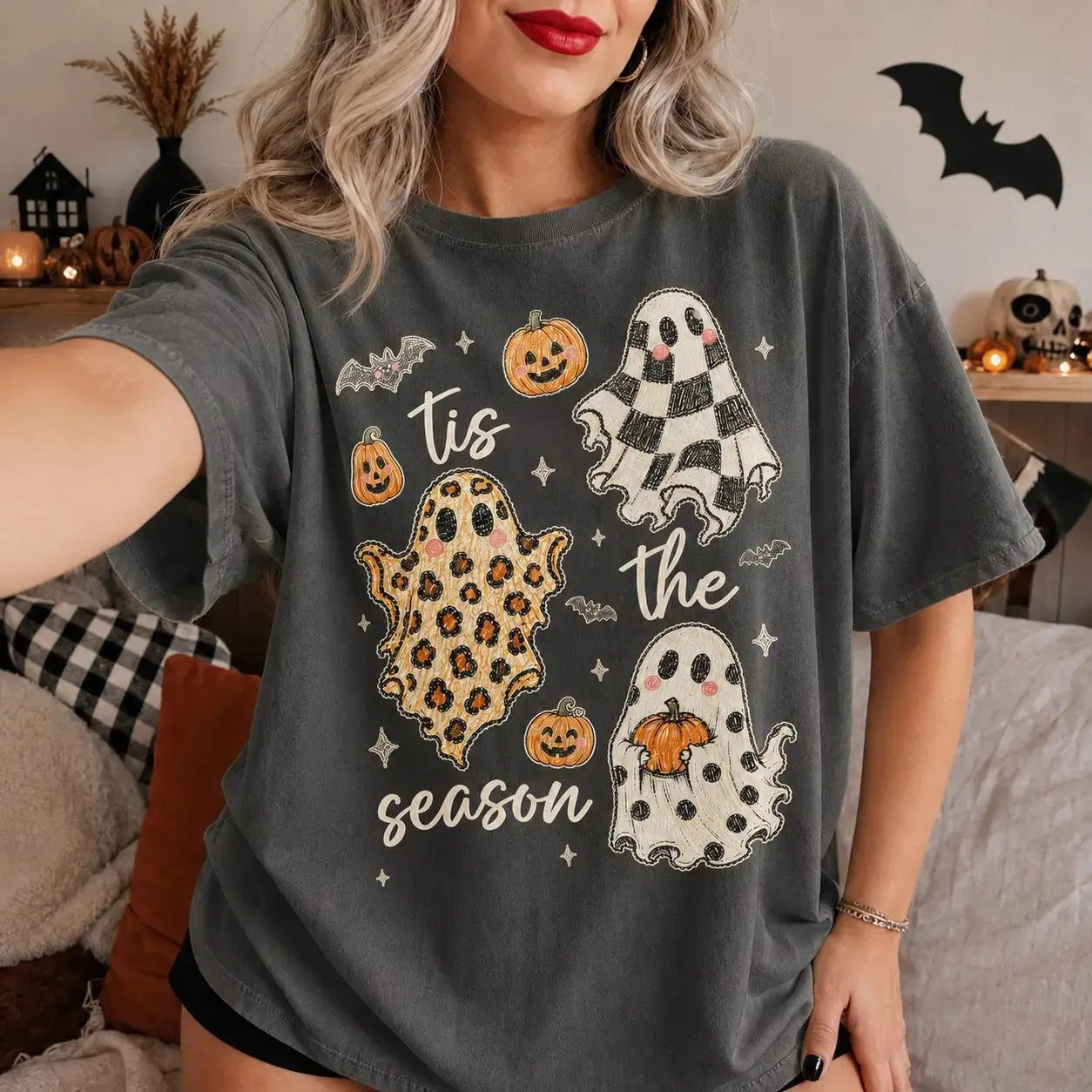 Comfort Colors Pumpkin Head Skeleton Shirt, Dancing Vintage Halloween Cute Spooky Fall Graphic Tee Gift - photo 3