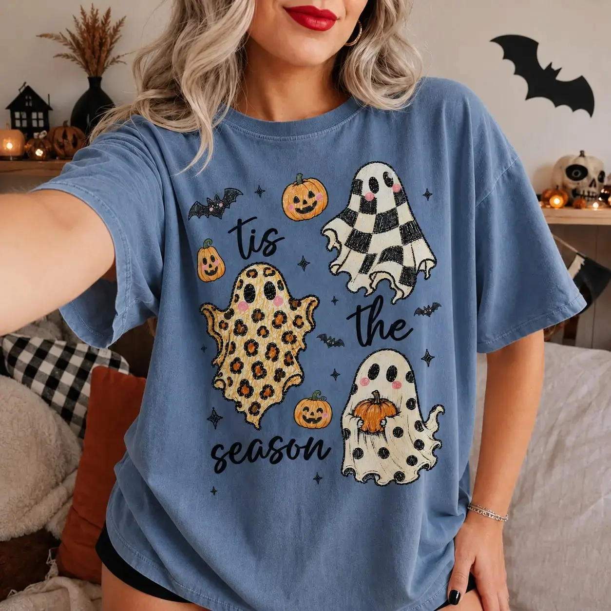 Comfort Colors Pumpkin Head Skeleton Shirt, Dancing Vintage Halloween Cute Spooky Fall Graphic Tee Gift - photo 4