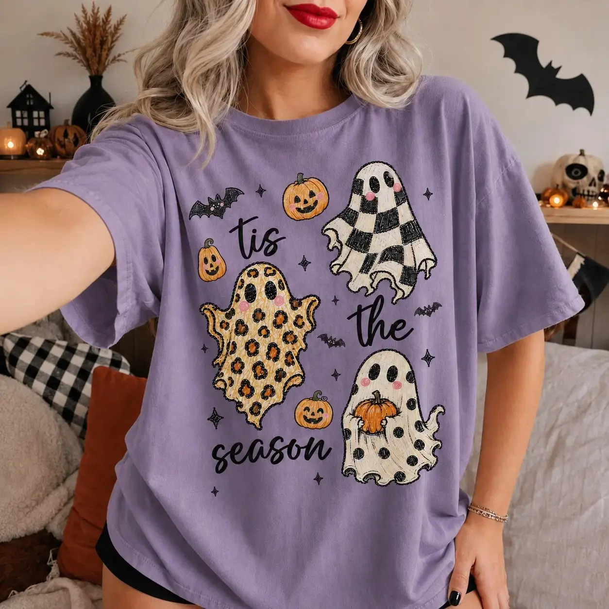 Comfort Colors Pumpkin Head Skeleton Shirt, Dancing Vintage Halloween Cute Spooky Fall Graphic Tee Gift - photo 5