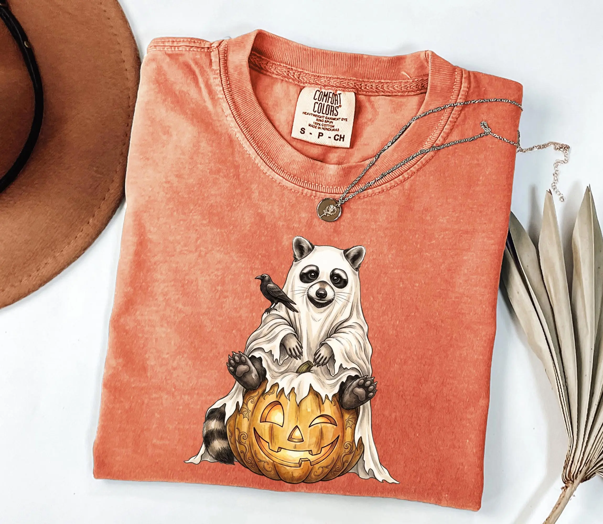 Comfort Colors Raccoon Ghost Shirt, Cute Halloween Tee, Spooky Fall Graphic Top