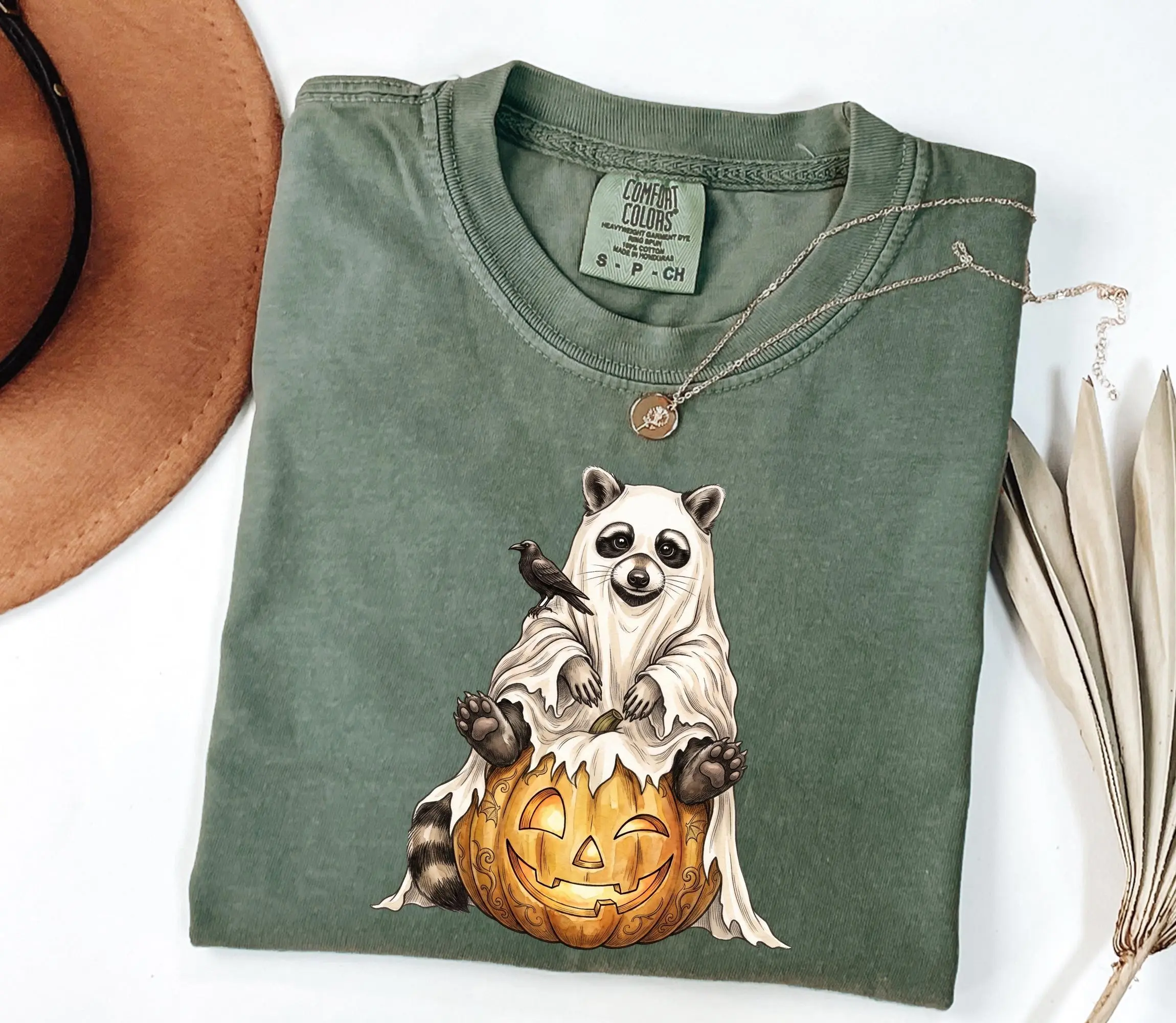 Comfort Colors Raccoon Ghost Shirt, Cute Halloween Tee, Spooky Fall Graphic Top - photo 2