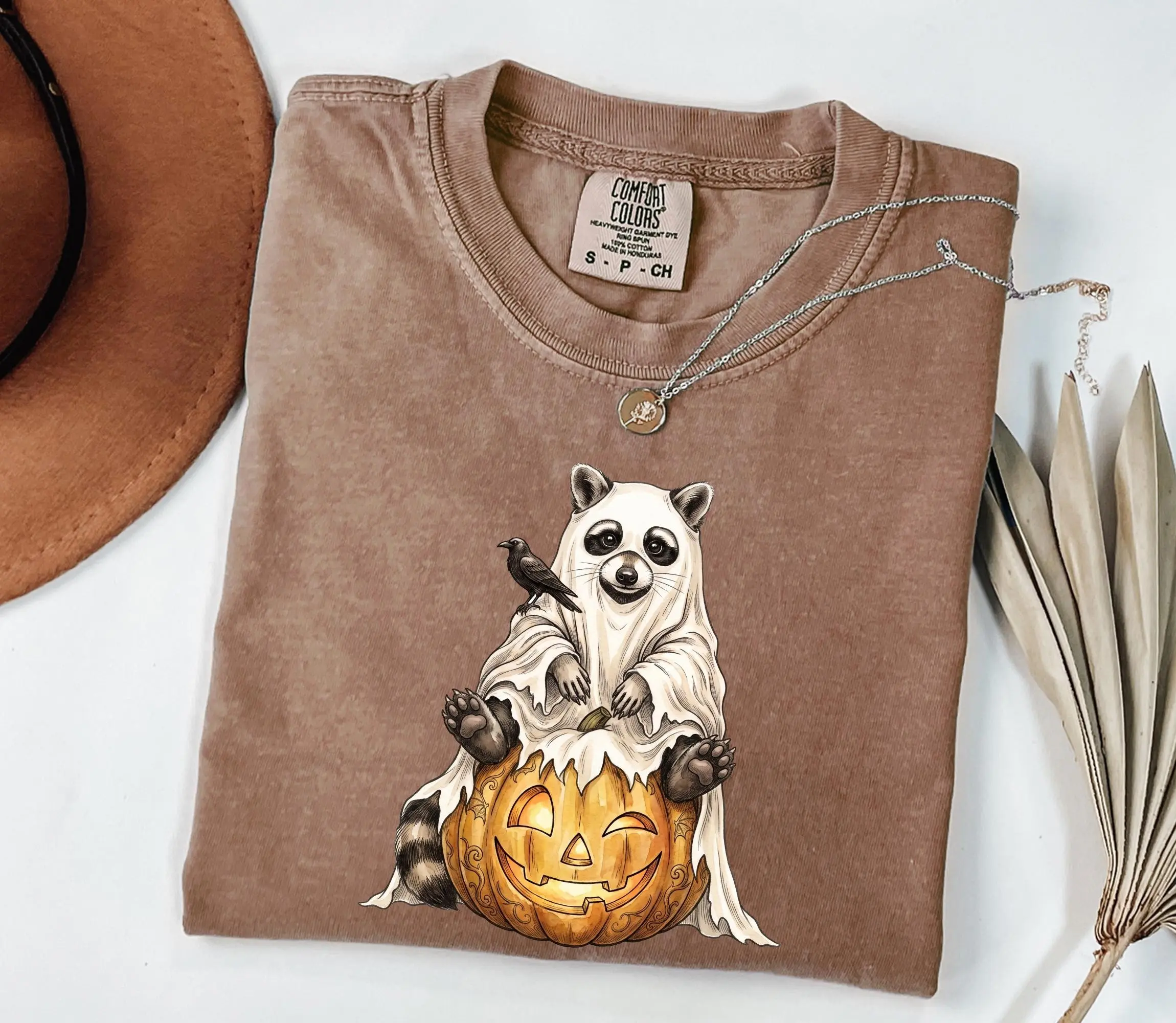 Comfort Colors Raccoon Ghost Shirt, Cute Halloween Tee, Spooky Fall Graphic Top - photo 3
