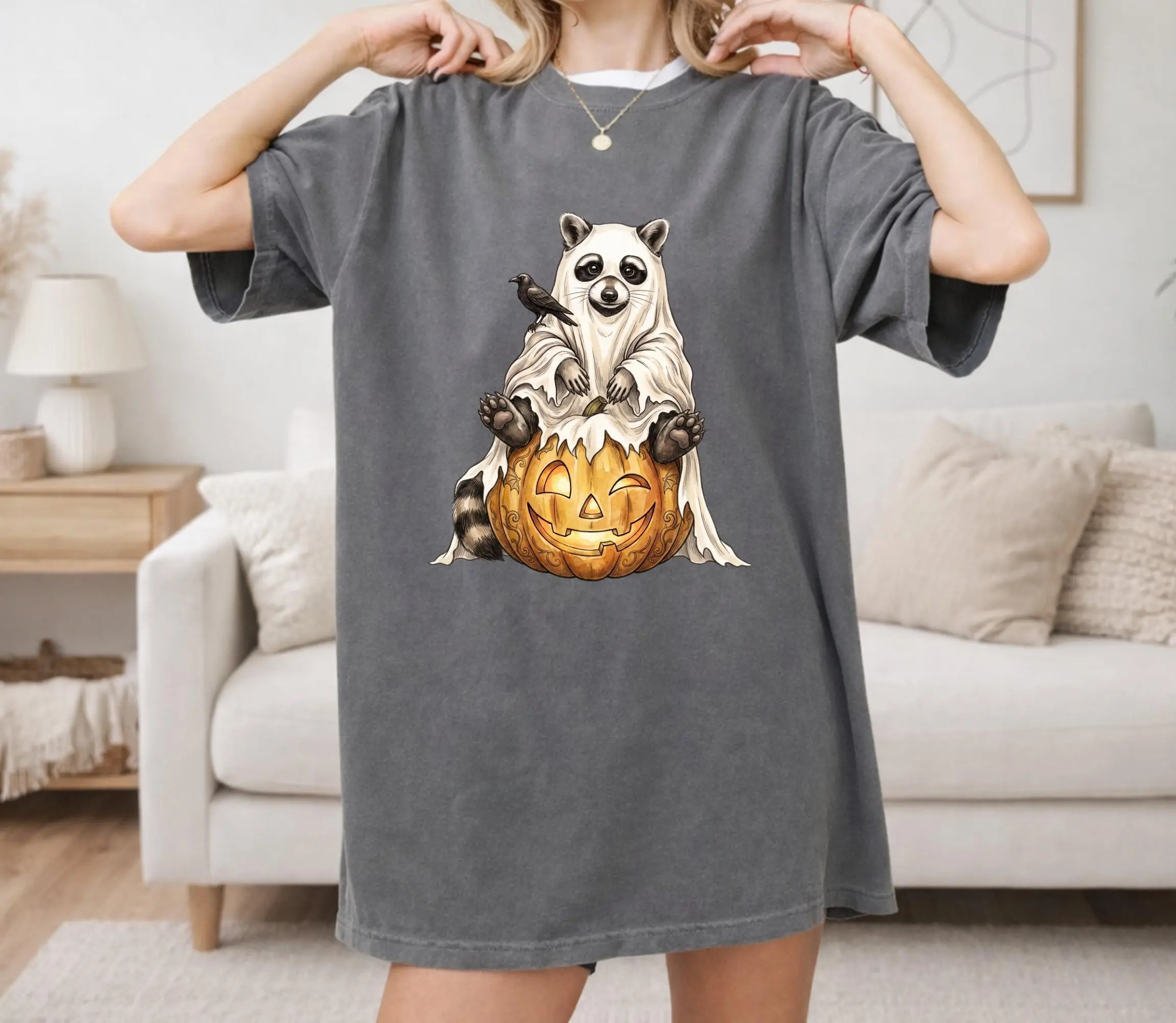 Comfort Colors Raccoon Ghost Shirt, Cute Halloween Tee, Spooky Fall Graphic Top - photo 4