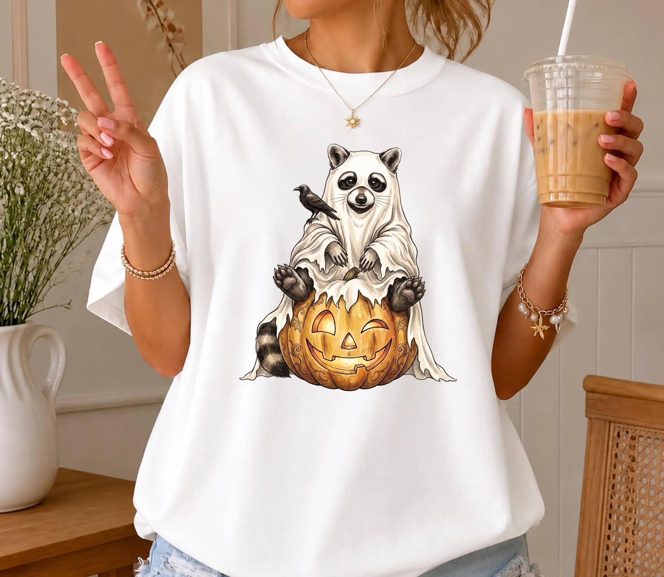 Comfort Colors Raccoon Ghost Shirt, Cute Halloween Tee, Spooky Fall Graphic Top - photo 5