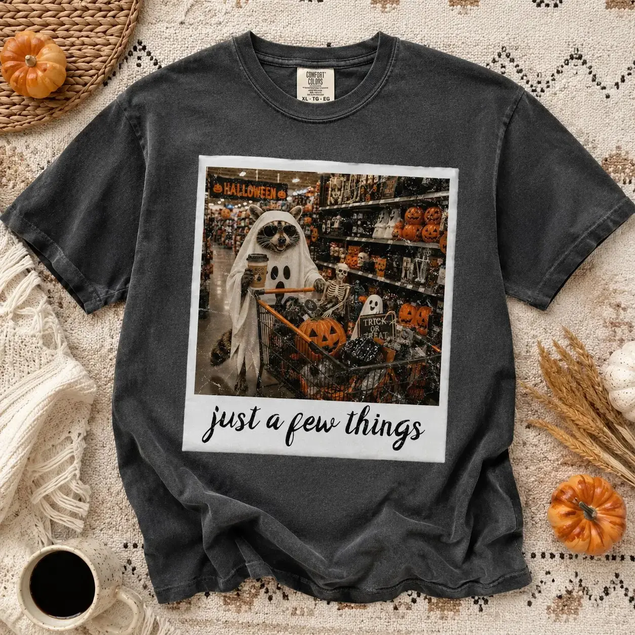 Comfort Colors Raccoon Ghost Shopping Shirt, Just A Few Things Halloween Tee, Funny Grocery Store Graphic Top for Men and Women