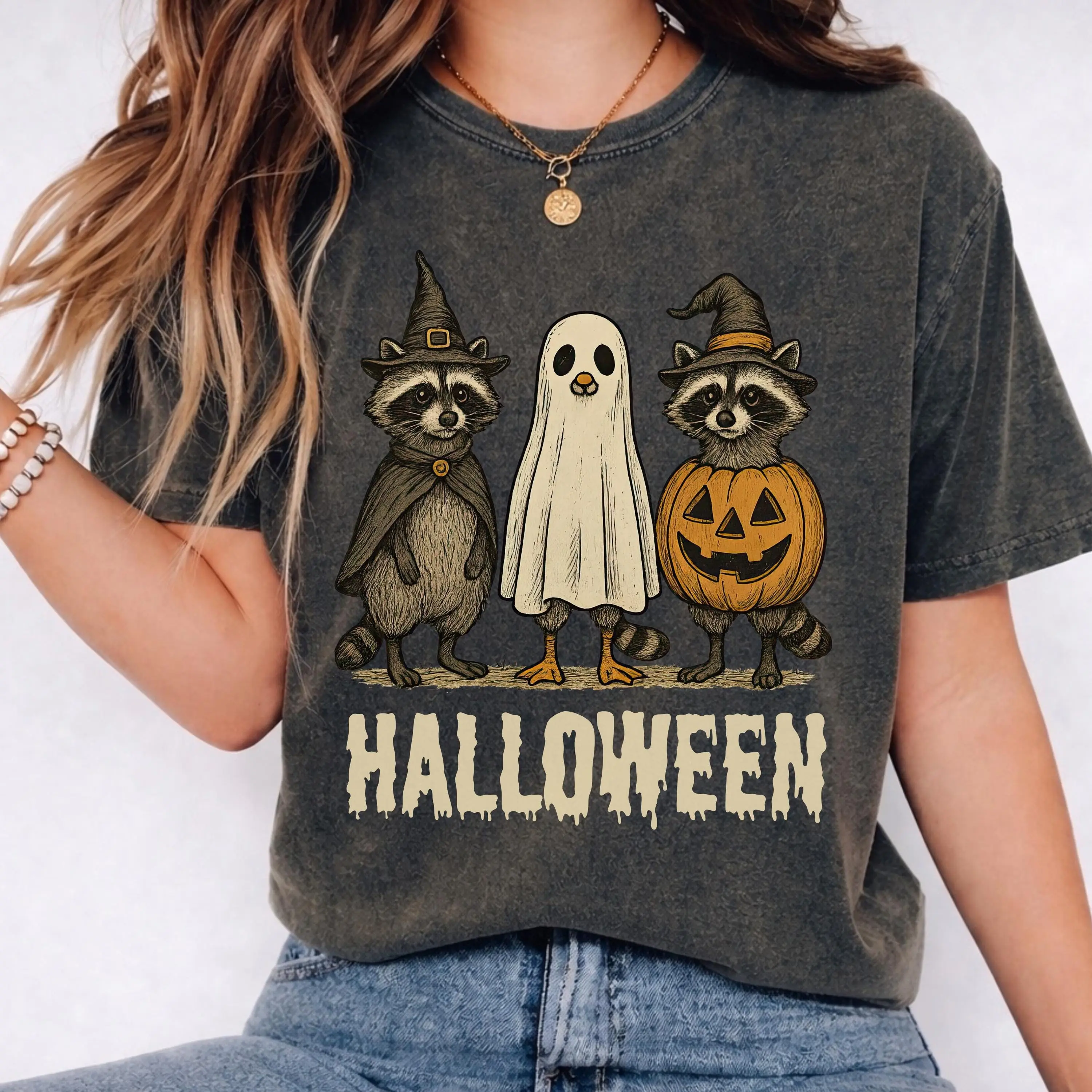 Comfort Colors Ghost Raccoon Halloween Shirt, Cute Witch Pumpkin Graphic Tee, Retro Spooky Season Fall Gift