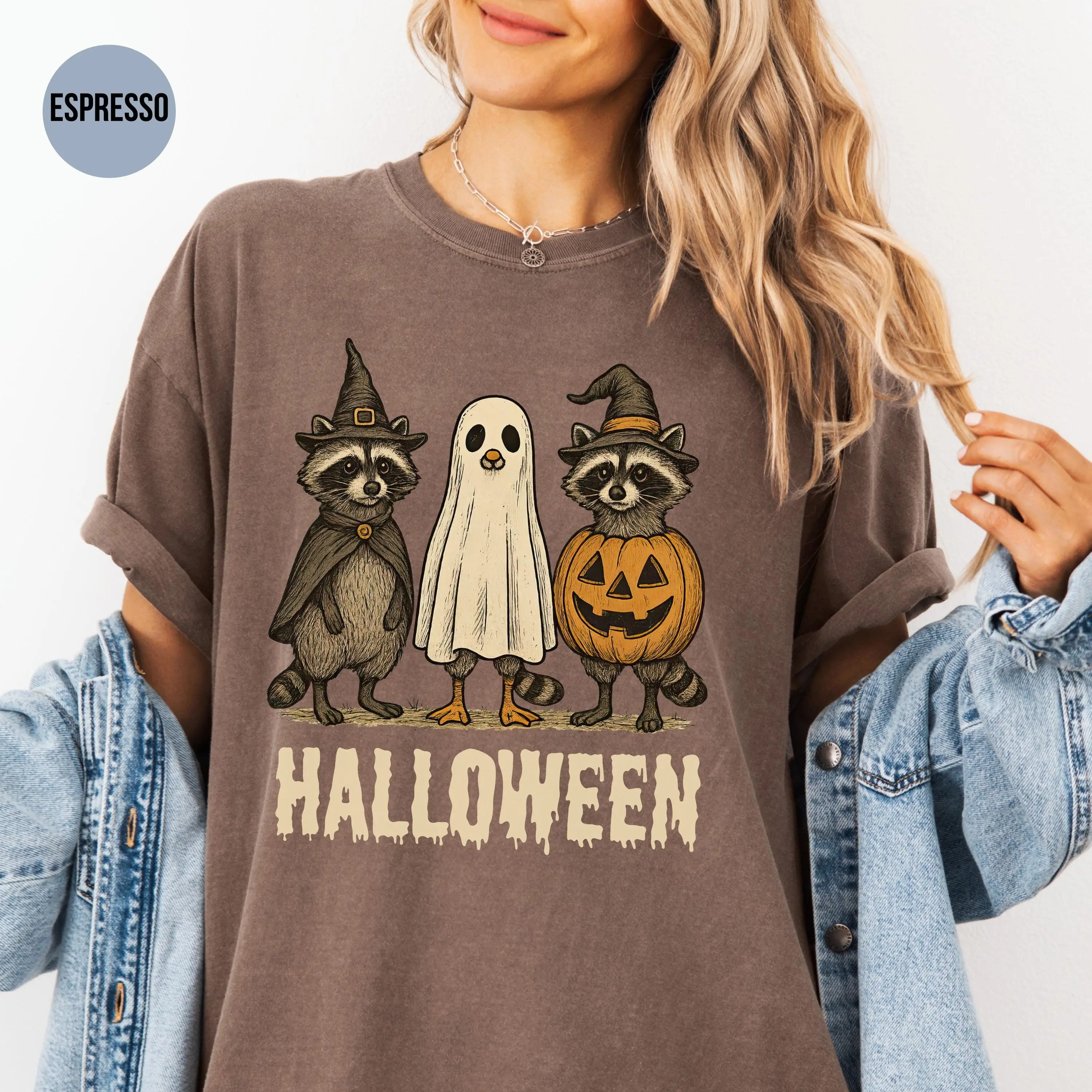 Comfort Colors Ghost Raccoon Halloween Shirt, Cute Witch Pumpkin Graphic Tee, Retro Spooky Season Fall Gift - photo 2