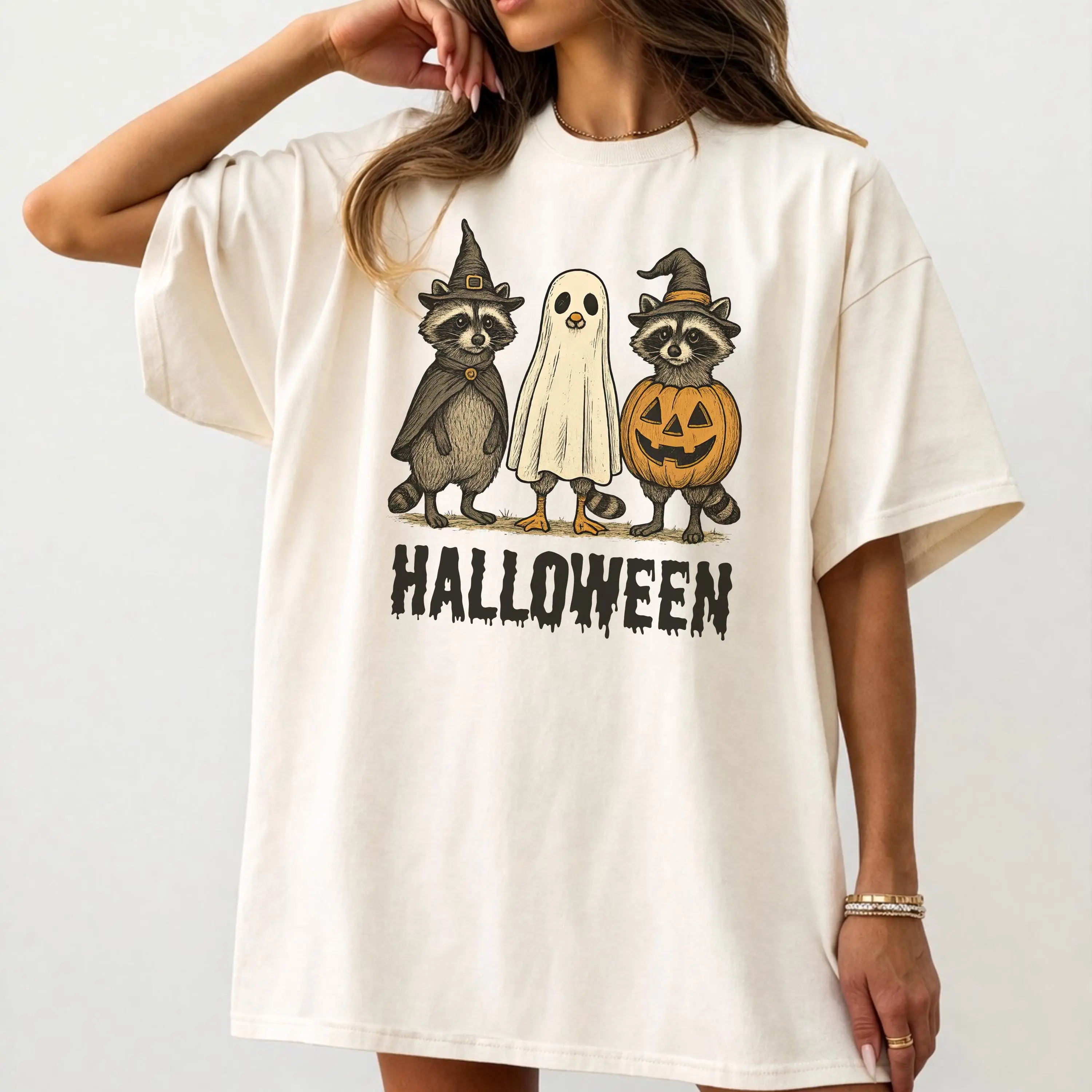 Comfort Colors Ghost Raccoon Halloween Shirt, Cute Witch Pumpkin Graphic Tee, Retro Spooky Season Fall Gift - photo 3