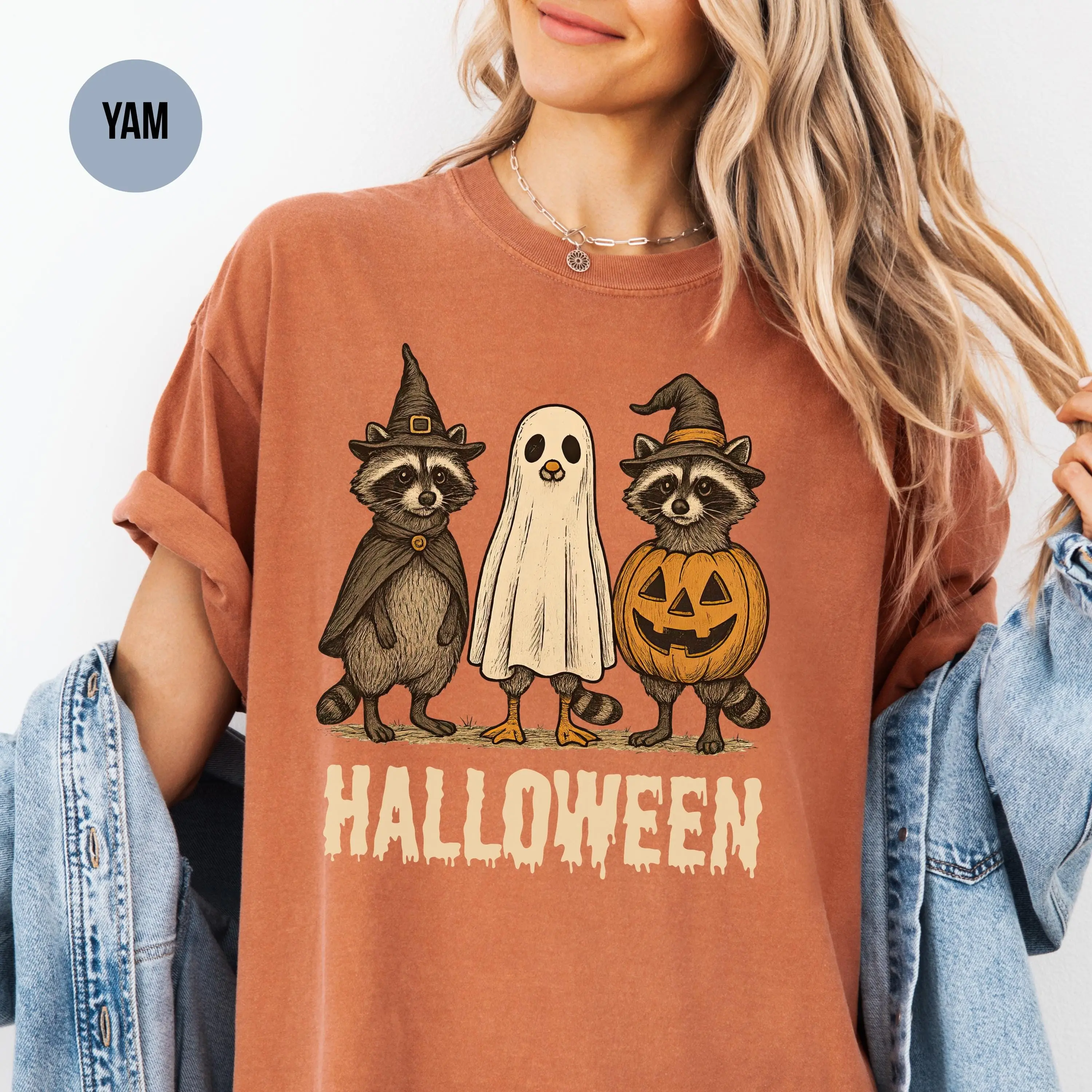 Comfort Colors Ghost Raccoon Halloween Shirt, Cute Witch Pumpkin Graphic Tee, Retro Spooky Season Fall Gift - photo 4