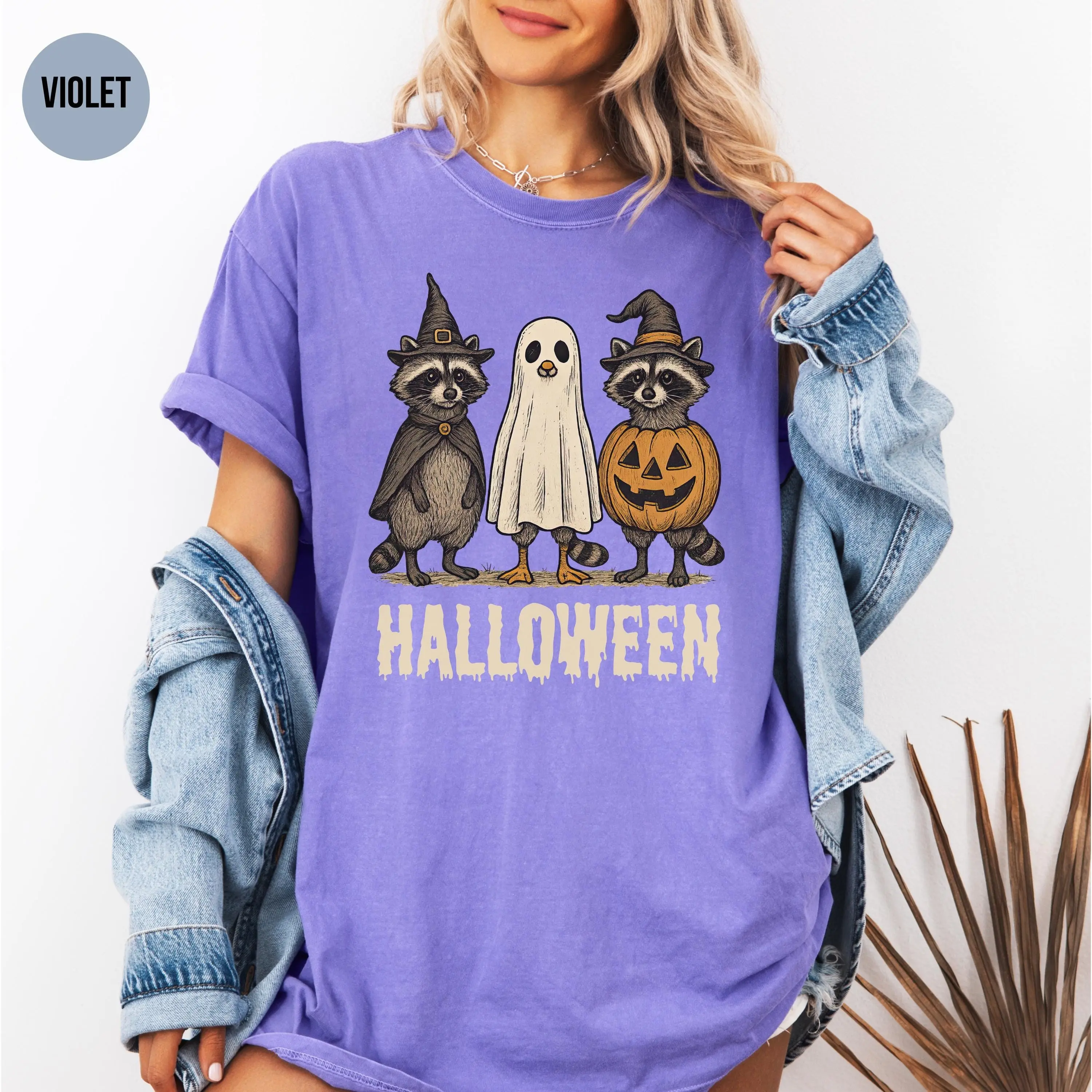 Comfort Colors Ghost Raccoon Halloween Shirt, Cute Witch Pumpkin Graphic Tee, Retro Spooky Season Fall Gift - photo 5