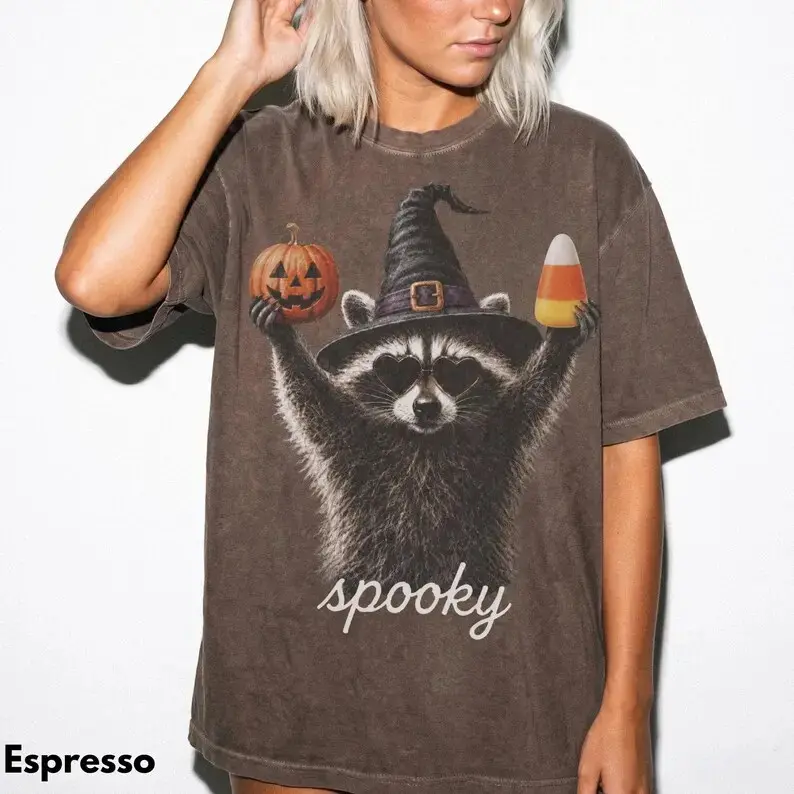 Comfort Colors Raccoon Halloween T-Shirt for Women, Spooky Season Tee, Cute Trash Panda Graphic Top, Funny Trendy Fall Costume