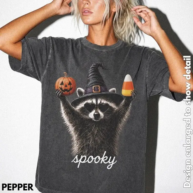 Comfort Colors Raccoon Halloween T-Shirt for Women, Spooky Season Tee, Cute Trash Panda Graphic Top, Funny Trendy Fall Costume - photo 2