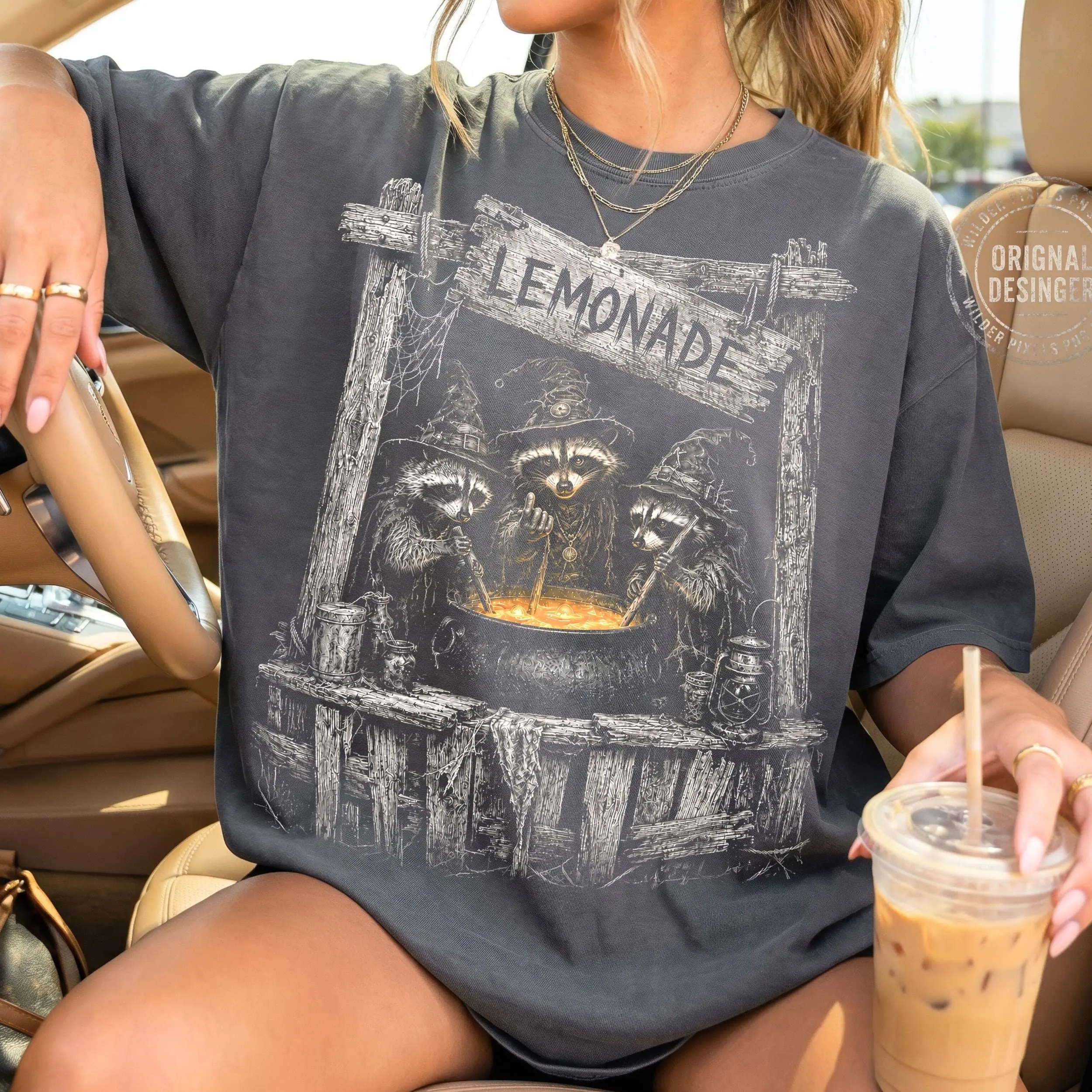 Comfort Colors Raccoon Witches Lemonade Shirt, Funny Haunt Here Now Halloween Graphic Tee for Women, Fall Gift - photo 2