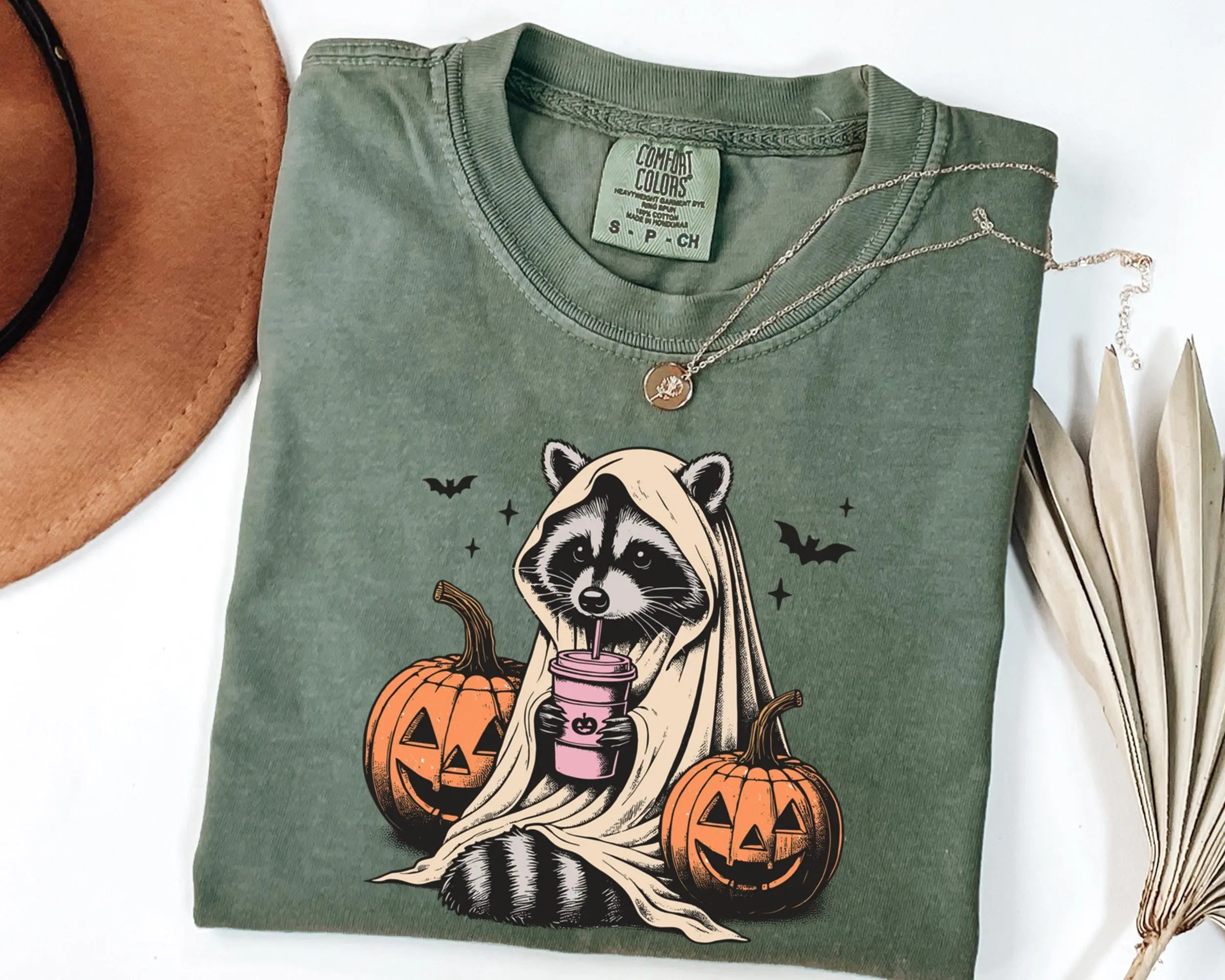 Comfort Colors Raccoon Halloween Shirt, Ghost Pumpkin Coffee Graphic Tee, Animal Lover Fall Gift for Women