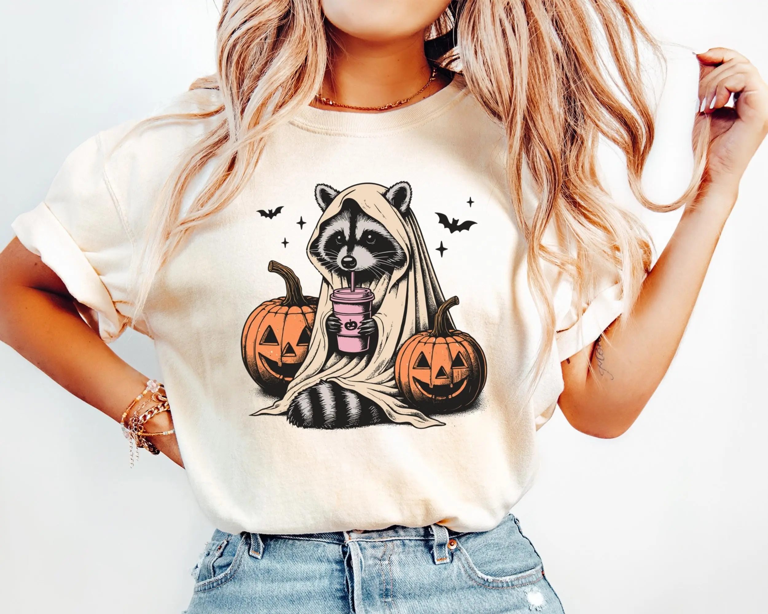 Comfort Colors Raccoon Halloween Shirt, Ghost Pumpkin Coffee Graphic Tee, Animal Lover Fall Gift for Women - photo 2