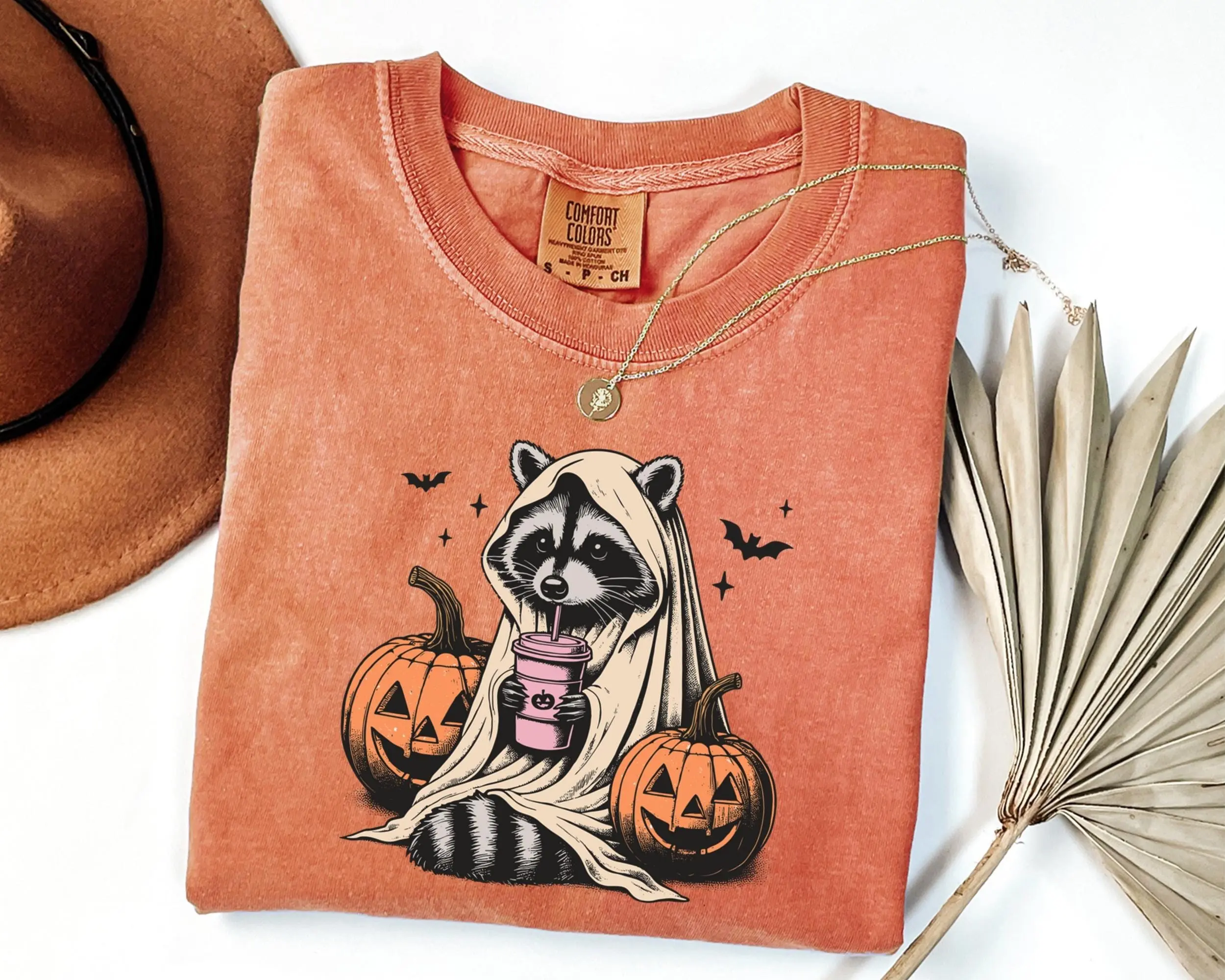 Comfort Colors Raccoon Halloween Shirt, Ghost Pumpkin Coffee Graphic Tee, Animal Lover Fall Gift for Women - photo 3