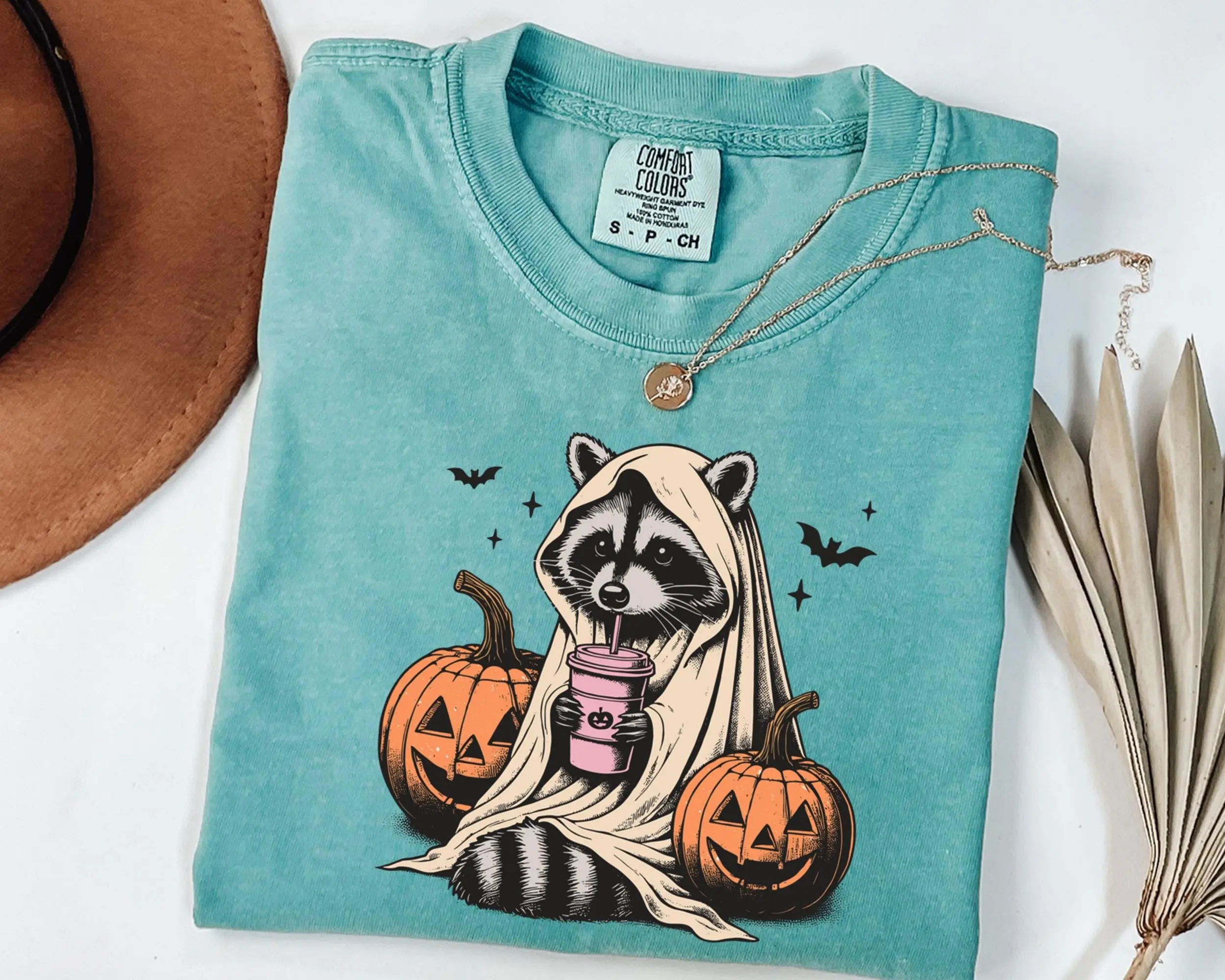 Comfort Colors Raccoon Halloween Shirt, Ghost Pumpkin Coffee Graphic Tee, Animal Lover Fall Gift for Women - photo 4