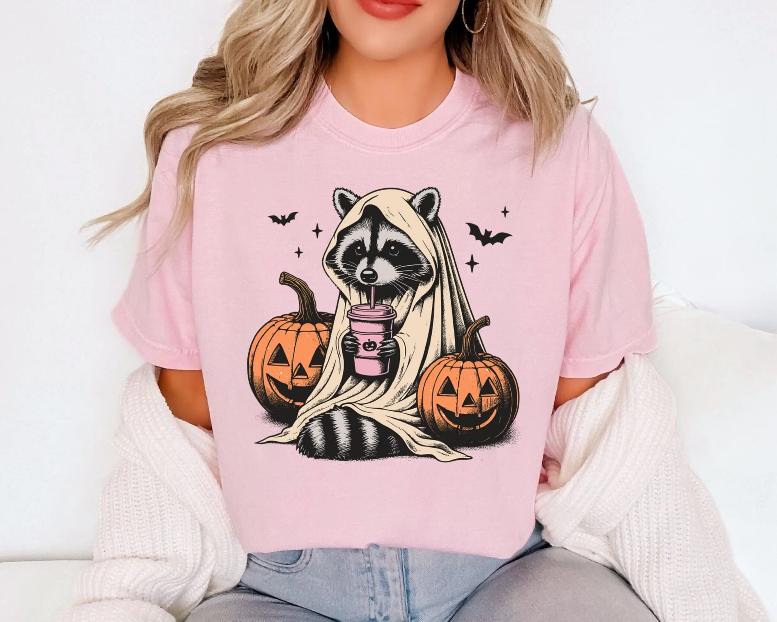 Comfort Colors Raccoon Halloween Shirt, Ghost Pumpkin Coffee Graphic Tee, Animal Lover Fall Gift for Women - photo 5