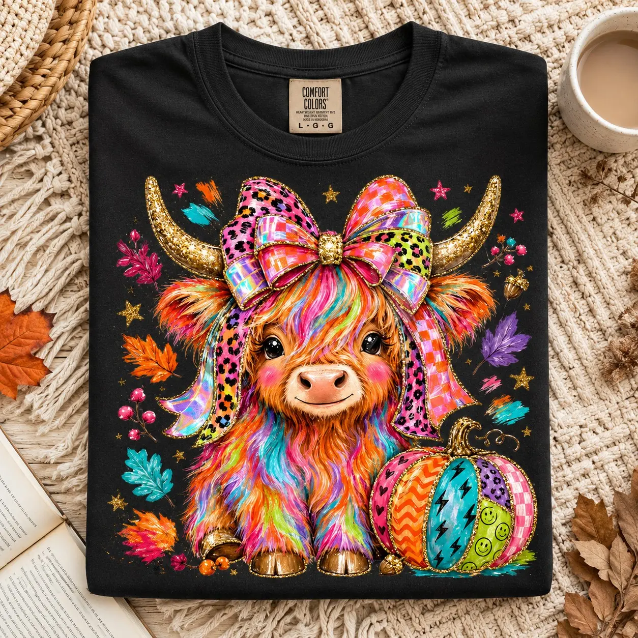 Comfort Colors Rainbow Highland Cow Pumpkin Shirt, Cute Farmhouse Autumn Fall Festival Daughter Gift