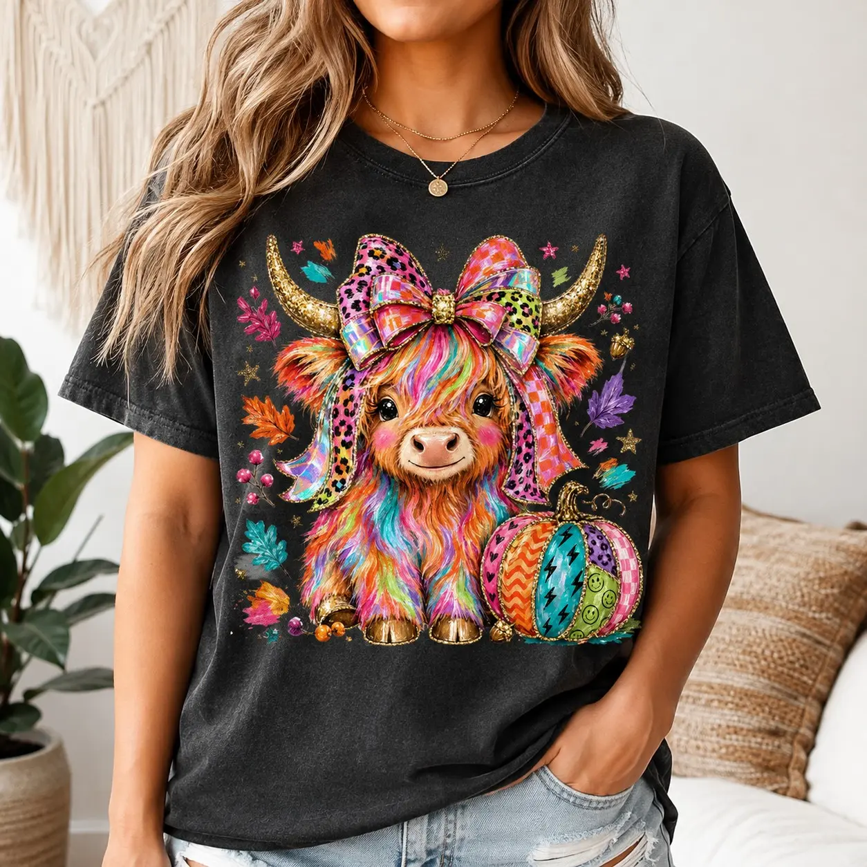 Comfort Colors Rainbow Highland Cow Pumpkin Shirt, Cute Farmhouse Autumn Fall Festival Daughter Gift - photo 2