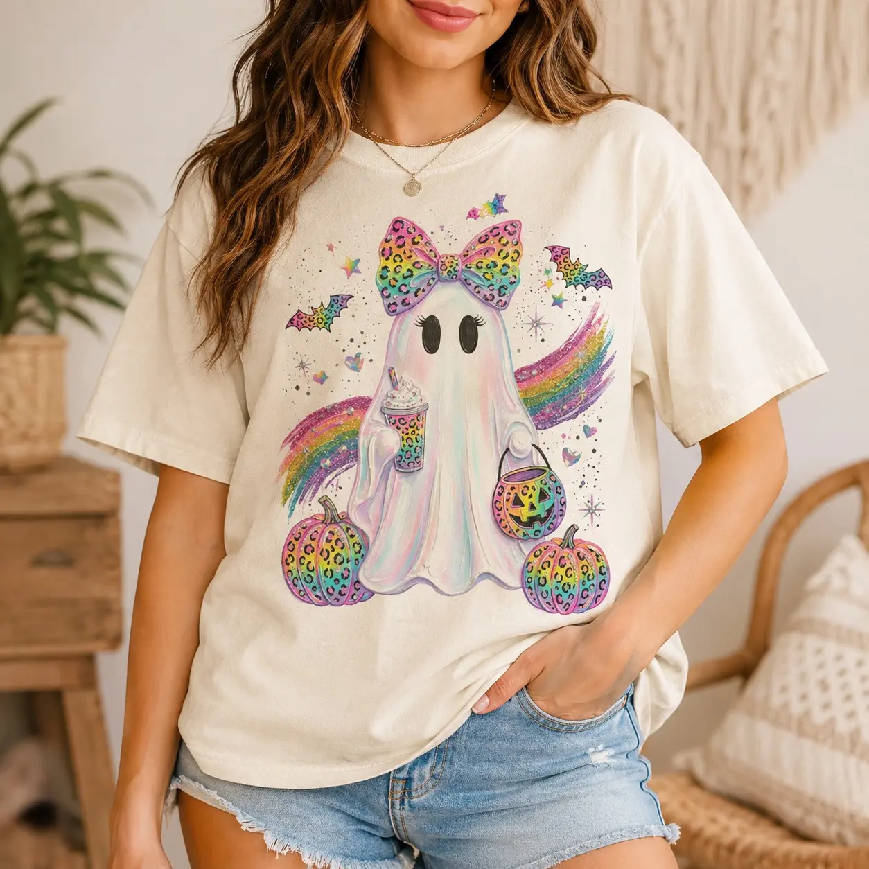 Comfort Colors Rainbow Leopard Bow Ghost Coffee Women Graphic Shirts Halloween Festival