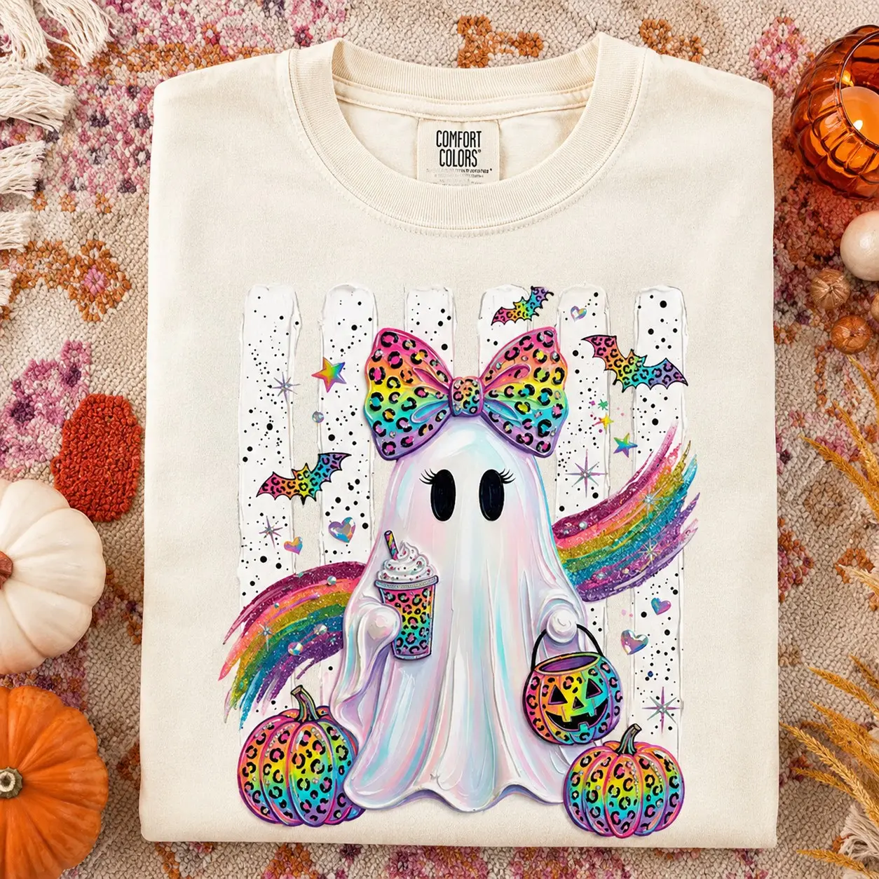 Comfort Colors Rainbow Leopard Bow Ghost Coffee Women Graphic Shirts Halloween Festival - photo 2