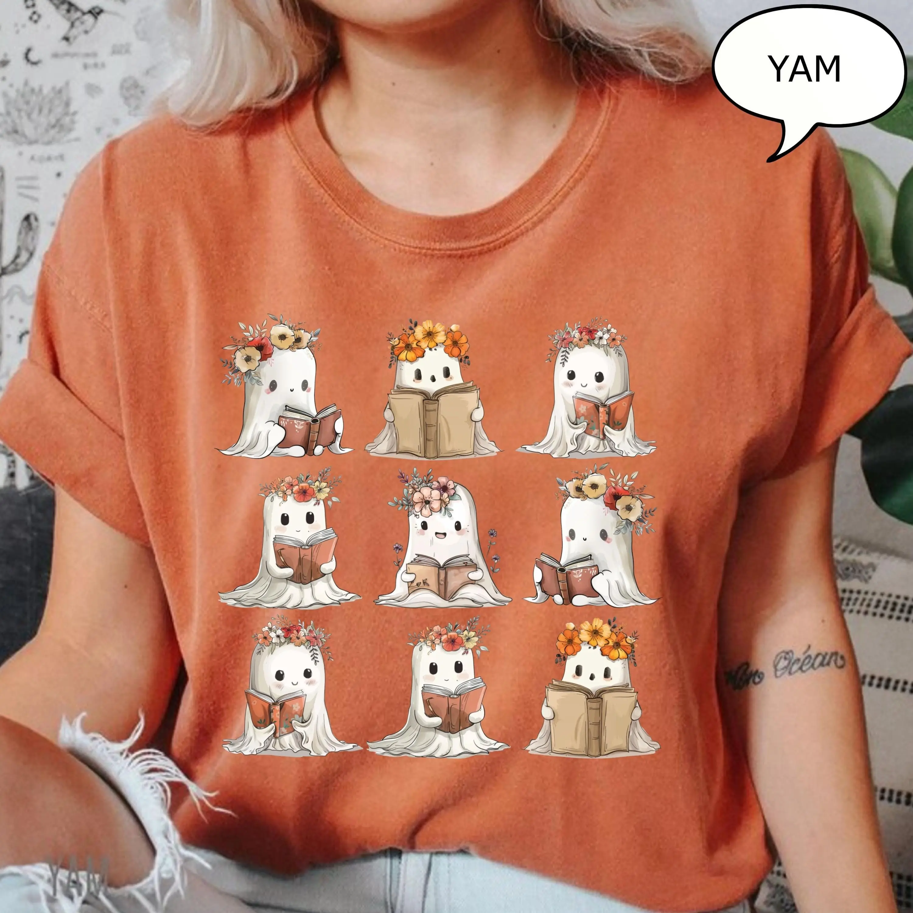 Comfort Colors Reading Ghost T-Shirt, Floral Halloween Graphic Tee, Teacher Book Lover Gift - photo 2