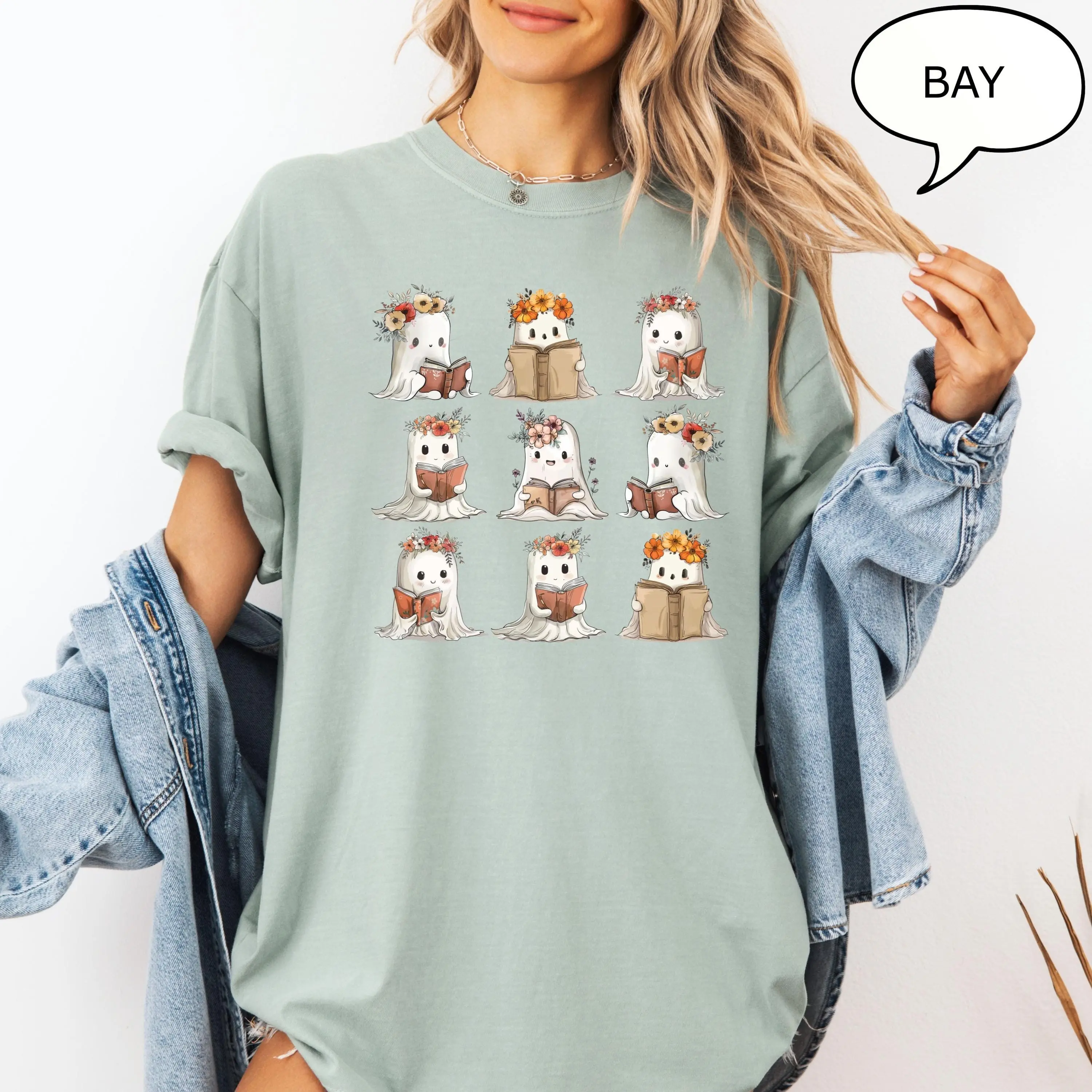 Comfort Colors Reading Ghost T-Shirt, Floral Halloween Graphic Tee, Teacher Book Lover Gift - photo 4