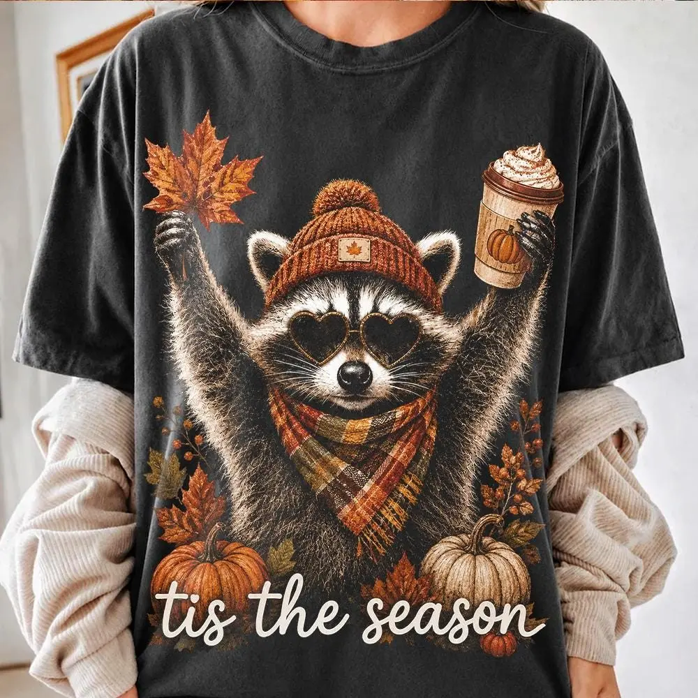 Comfort Colors Retro Autumn Raccoon Pumpkin Sweatshirt, Womens Funny Fall Coffee Cottagecore Halloween Crewneck